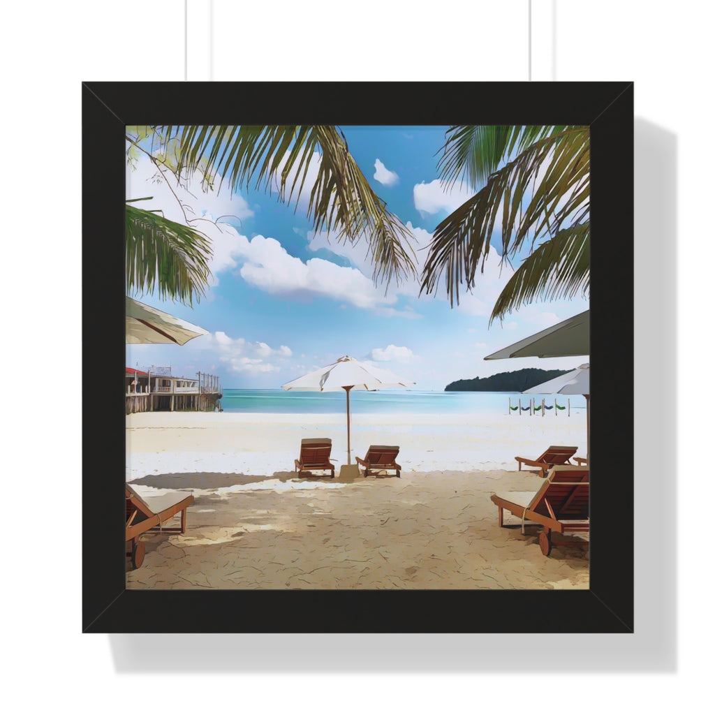 Tropical Beach Scene Palm Trees, Lounge Chairs, Ocean View Framed Vertical Poster
