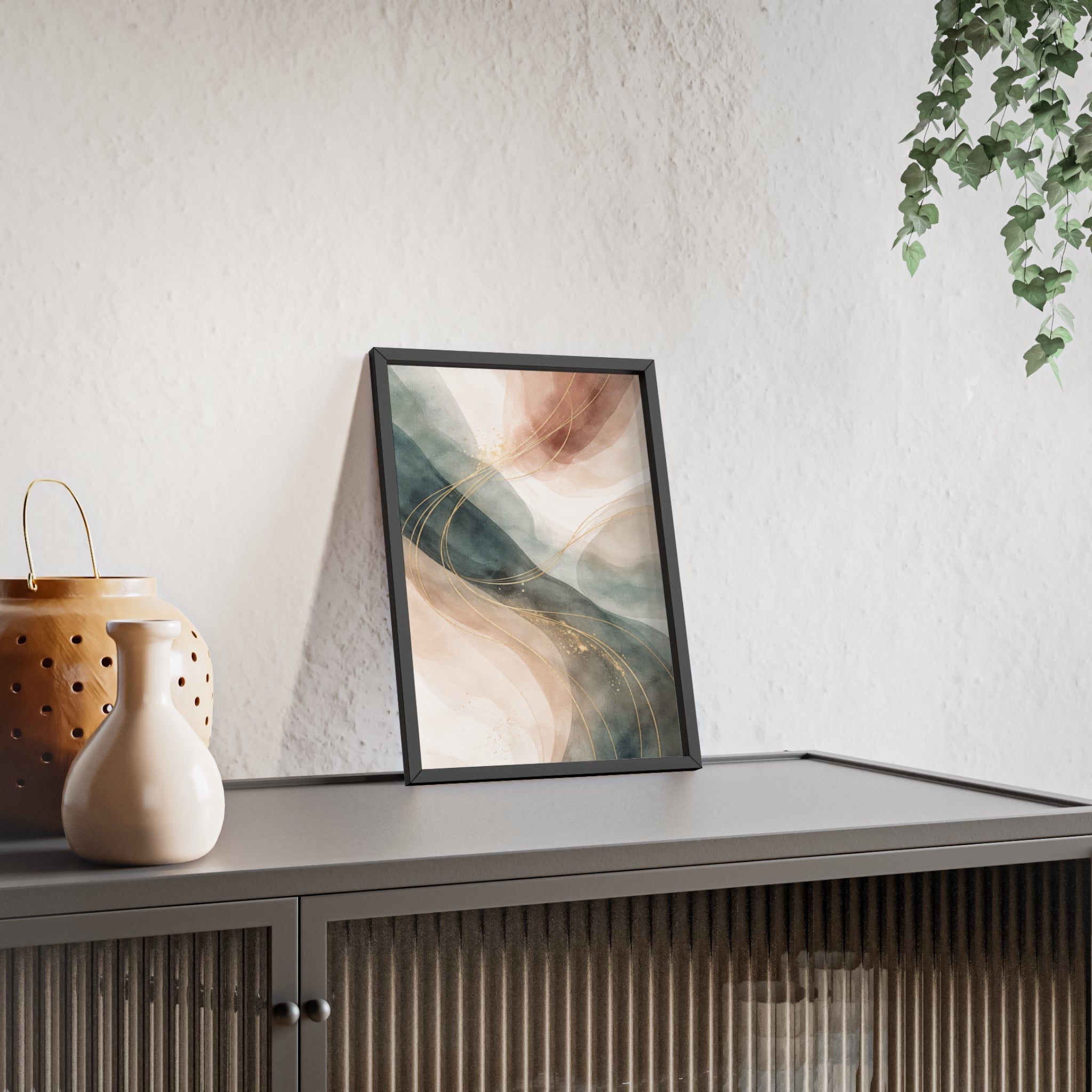 Abstract Gold Wave Poster Soft Peach & Teal Wall Art with Wooden Frame