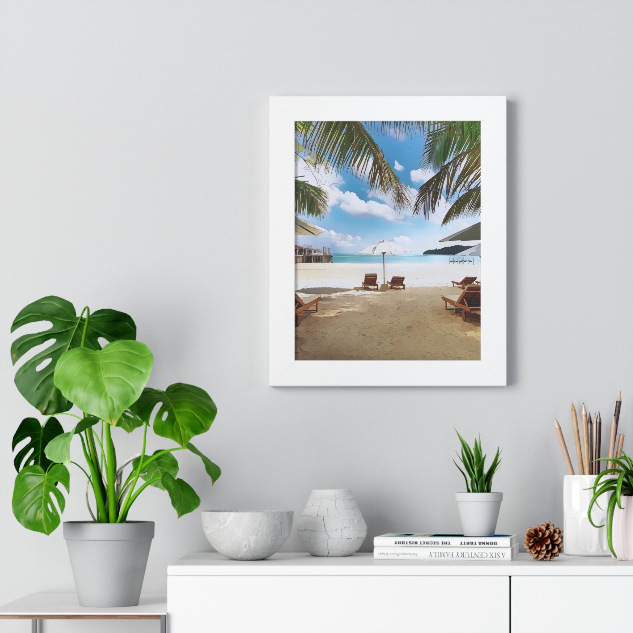 Tropical Beach Scene Palm Trees, Lounge Chairs, Ocean View Framed Vertical Poster