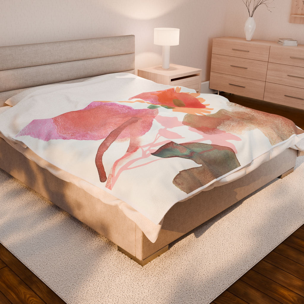 Floral Watercolor Velveteen Plush Blanket Soft Pink Botanical Throw