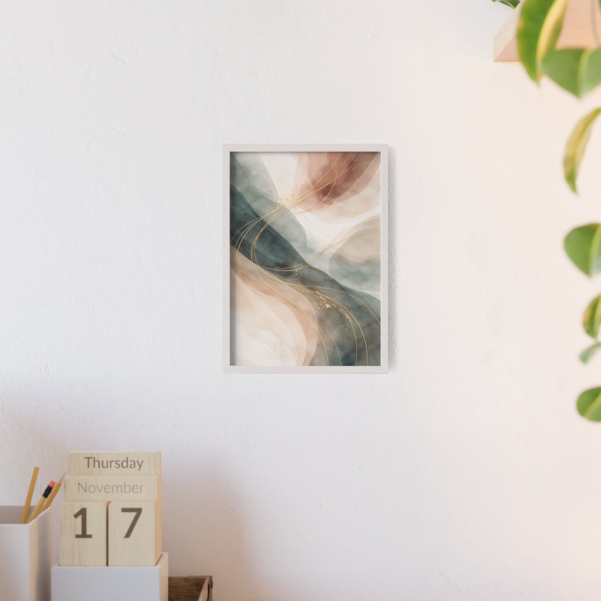 Abstract Gold Wave Poster Soft Peach & Teal Wall Art with Wooden Frame