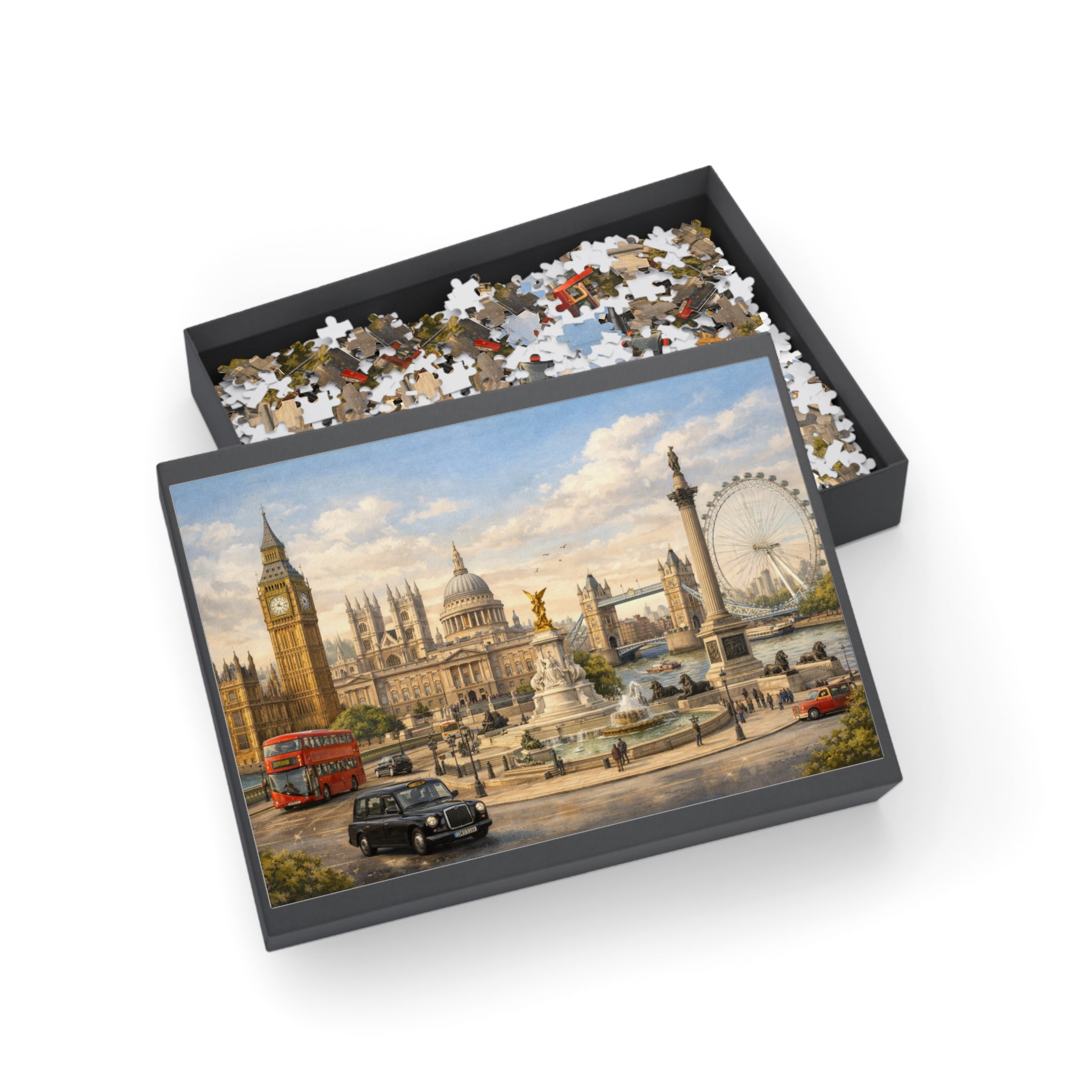 London Cityscape Vintage Big Ben London Eye Red Bus Jigsaw Puzzle