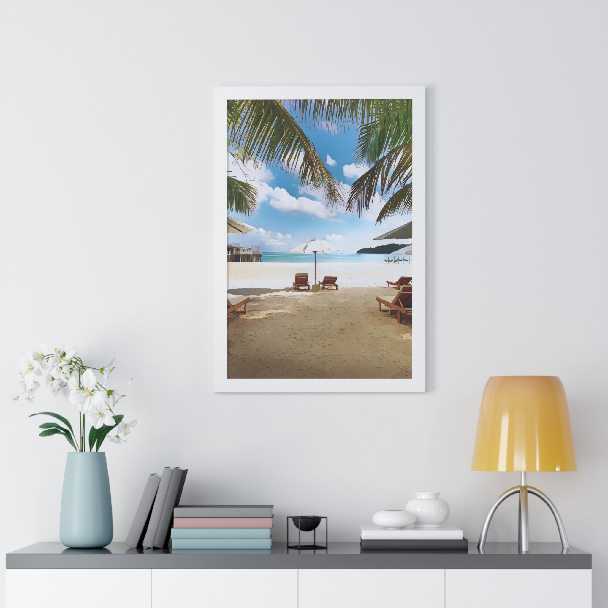 Tropical Beach Scene Palm Trees, Lounge Chairs, Ocean View Framed Vertical Poster