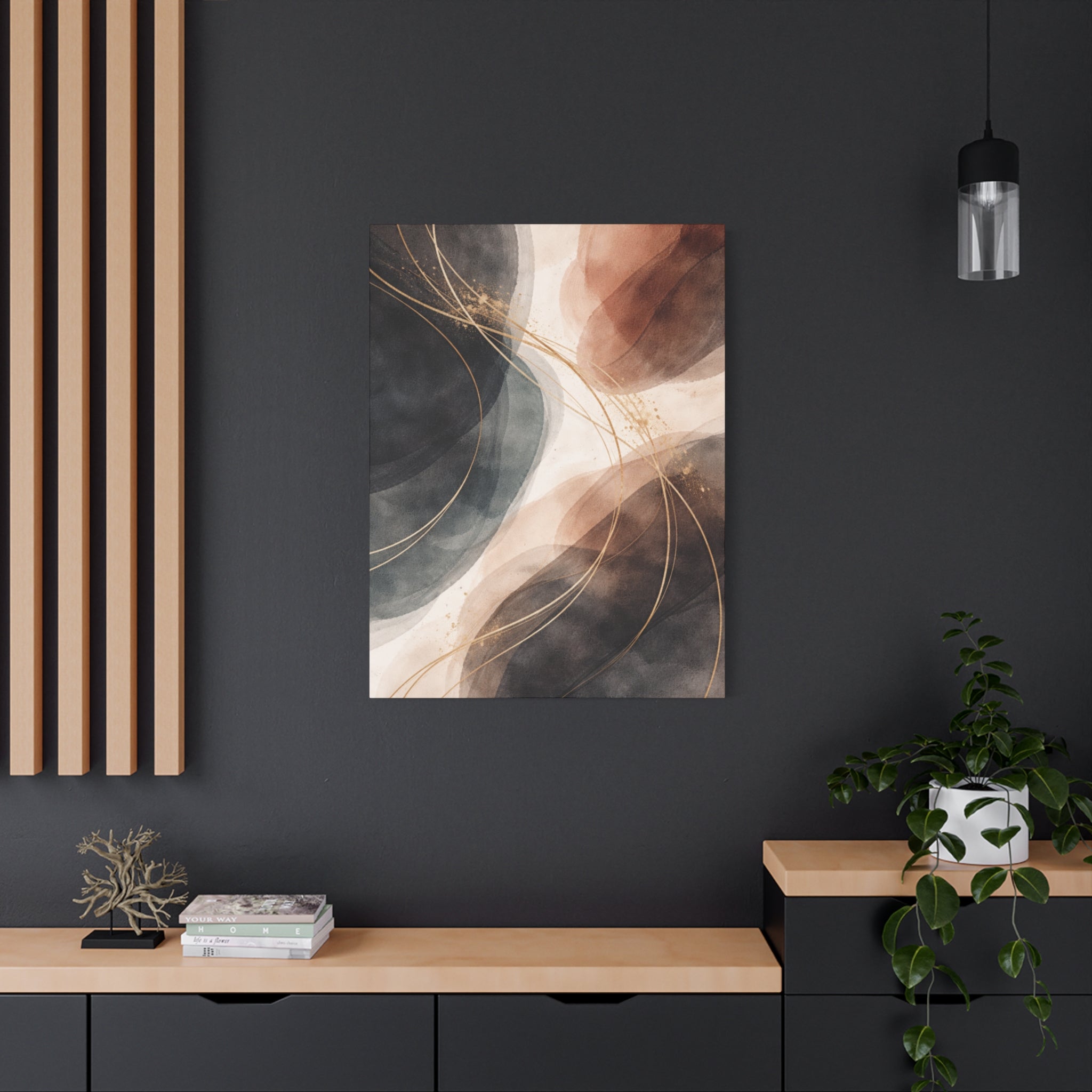 Abstract Earth Tones Matte Canvas Wall Art Modern Gold Line Accent