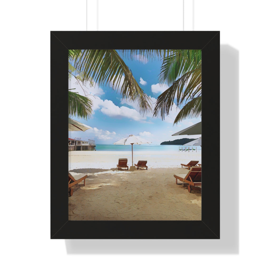 Tropical Beach Scene Palm Trees, Lounge Chairs, Ocean View Framed Vertical Poster