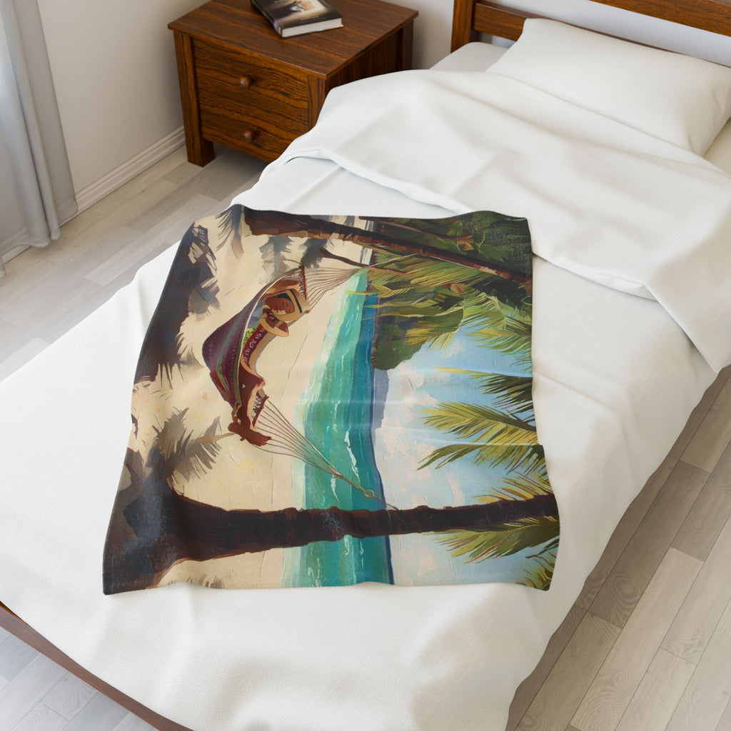 Girl in Hammock on Beach Between Palm Trees Velveteen Plush Blanket