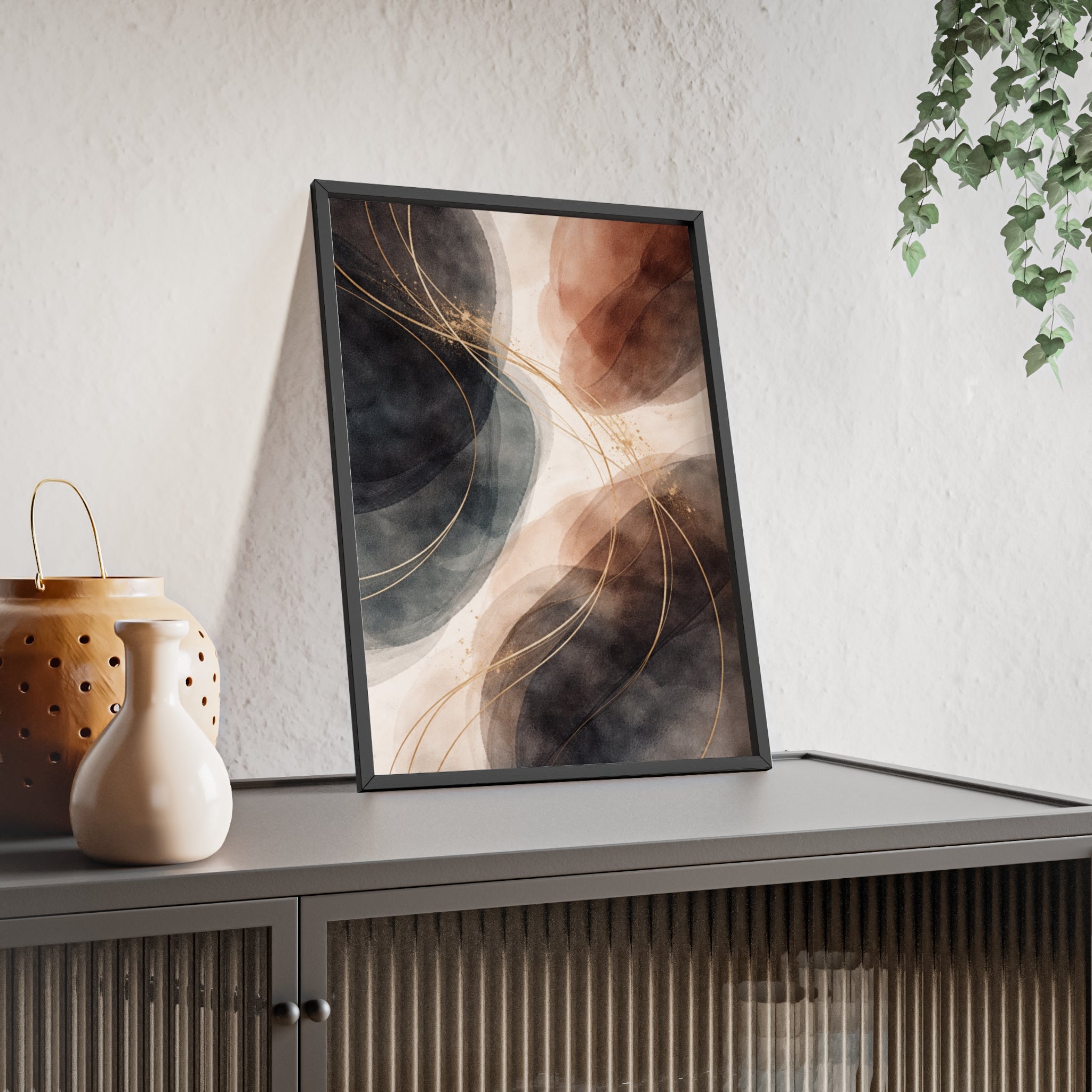 Abstract Earth Tones Poster with Wooden Frame Modern Minimal Wall Art