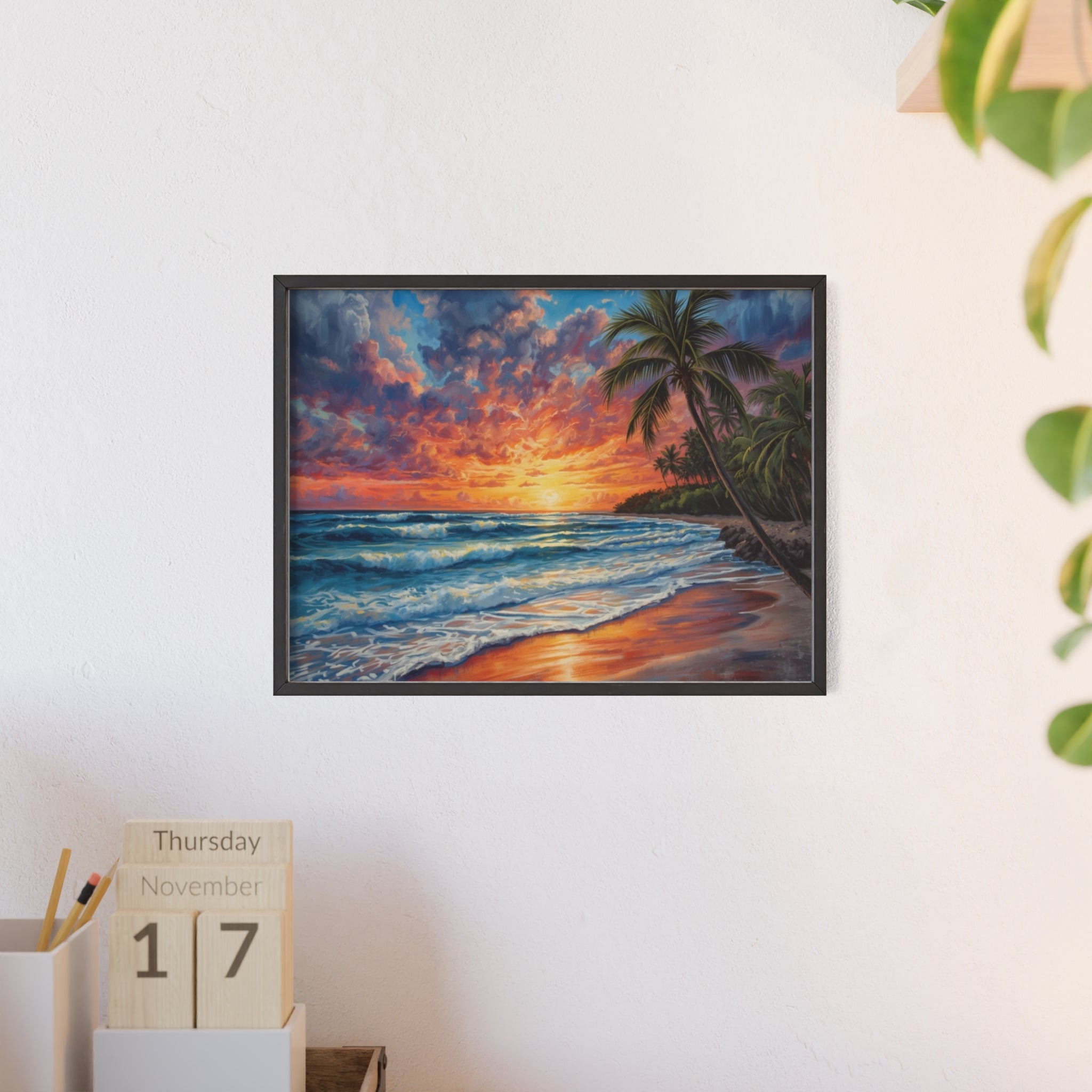 Tropical Sunset Beach Poster Framed
