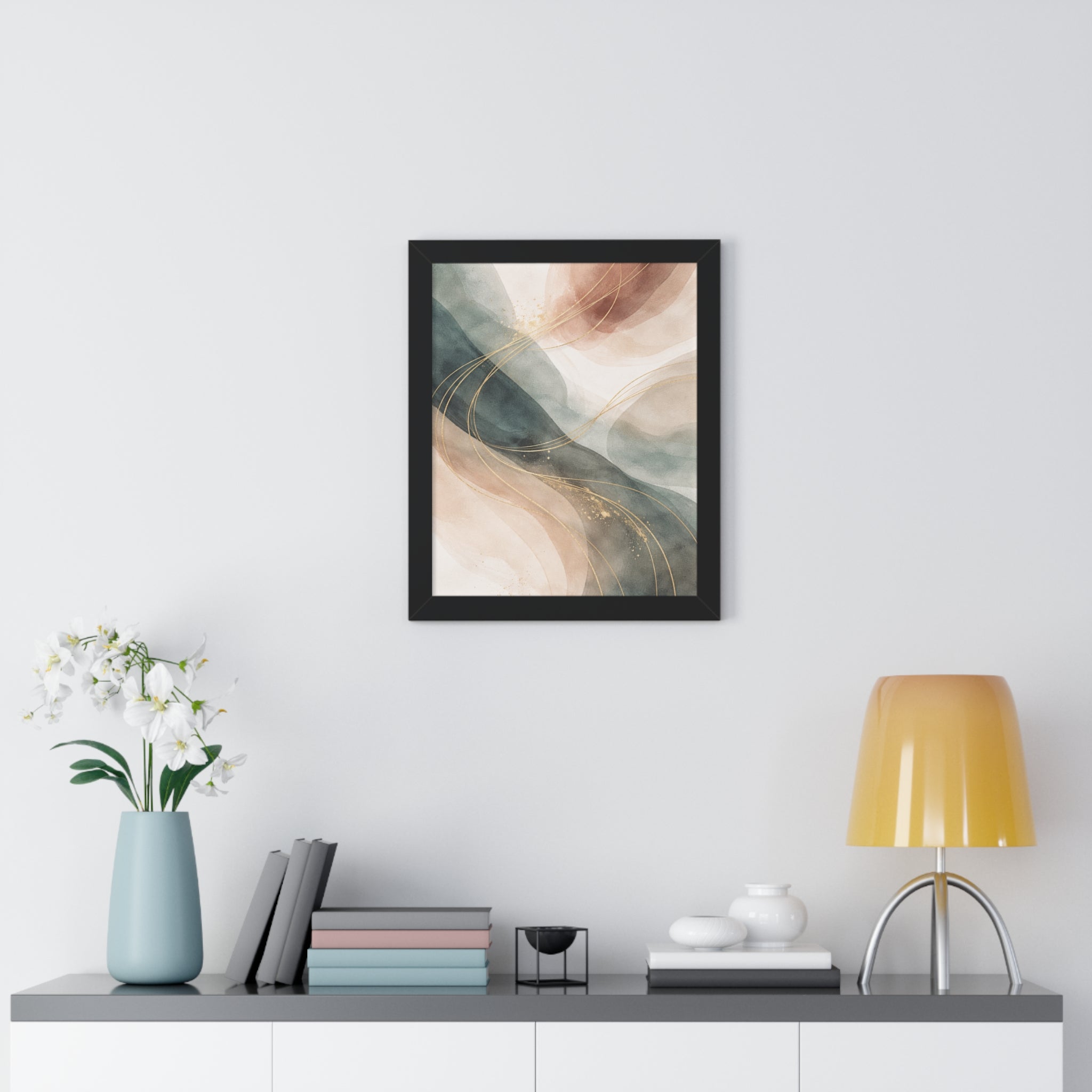 Abstract Blush & Teal Framed Poster Gold Accent Vertical Wall Art