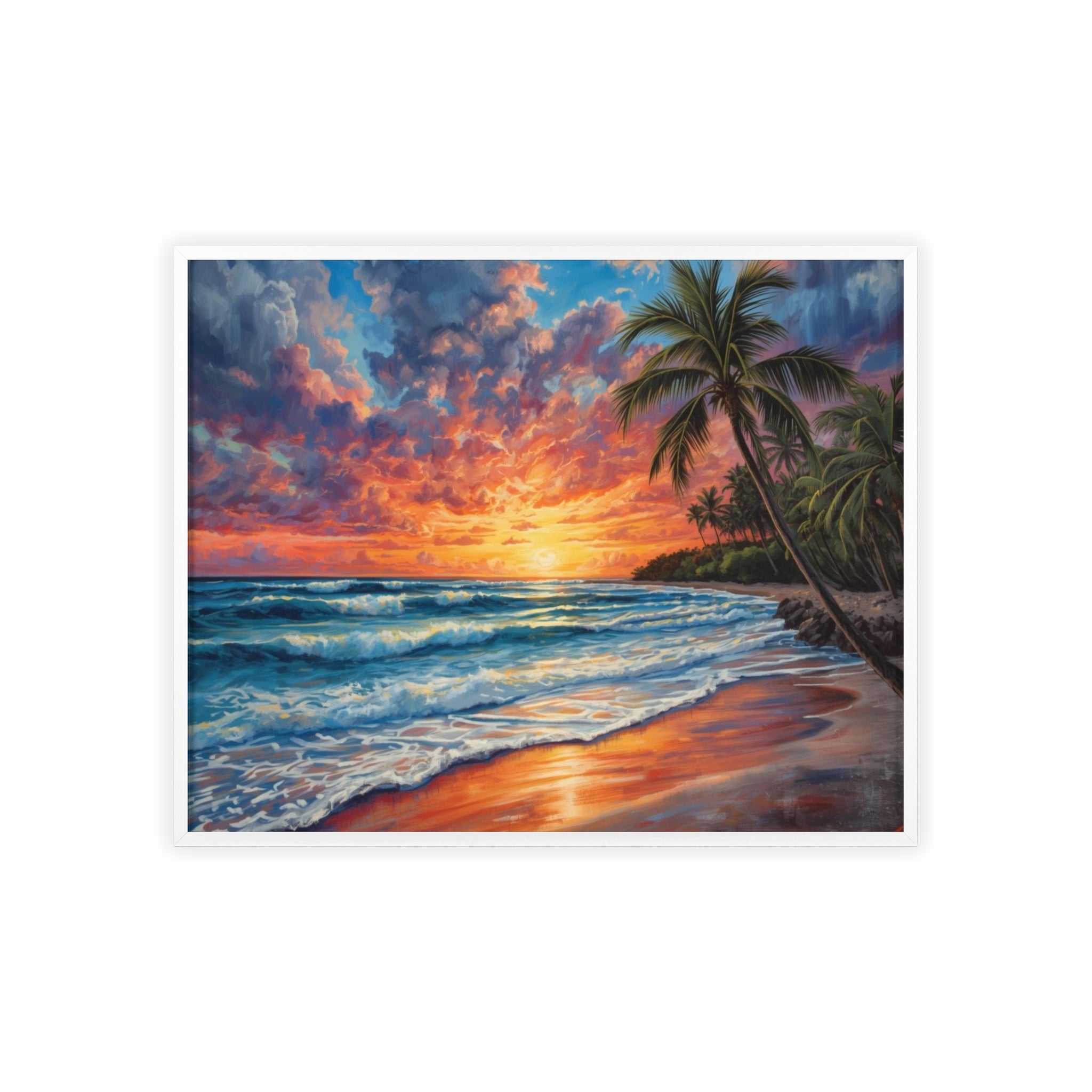 Tropical Sunset Beach Poster Framed