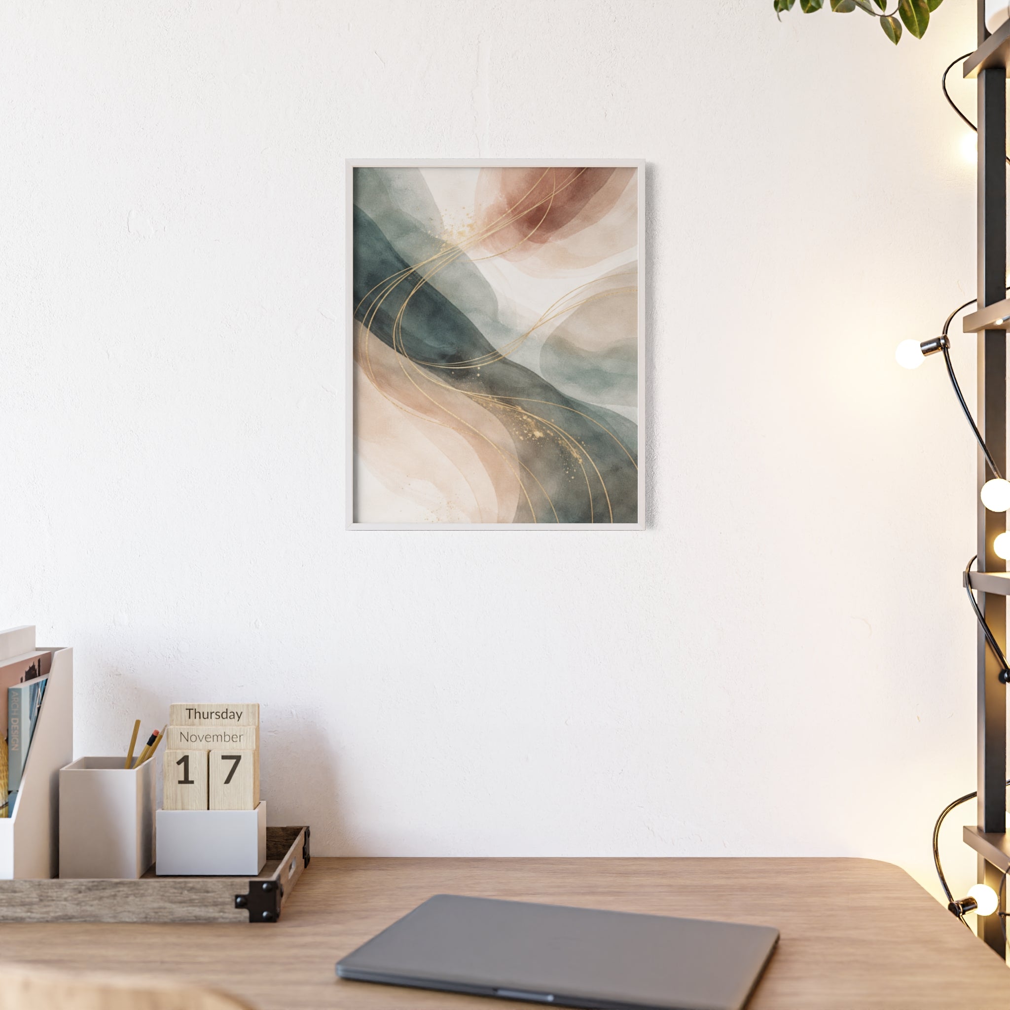Abstract Gold Wave Poster Soft Peach & Teal Wall Art with Wooden Frame