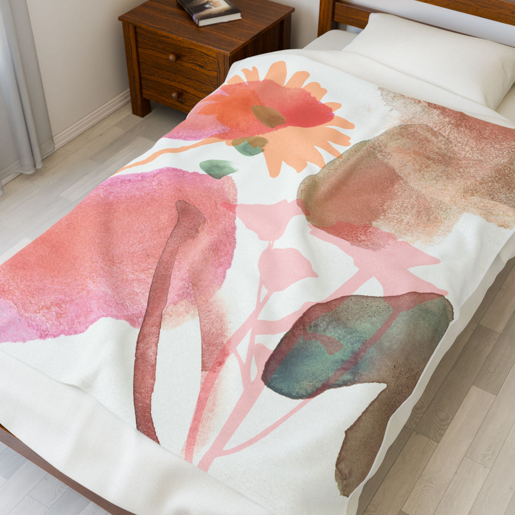 Floral Watercolor Velveteen Plush Blanket Soft Pink Botanical Throw