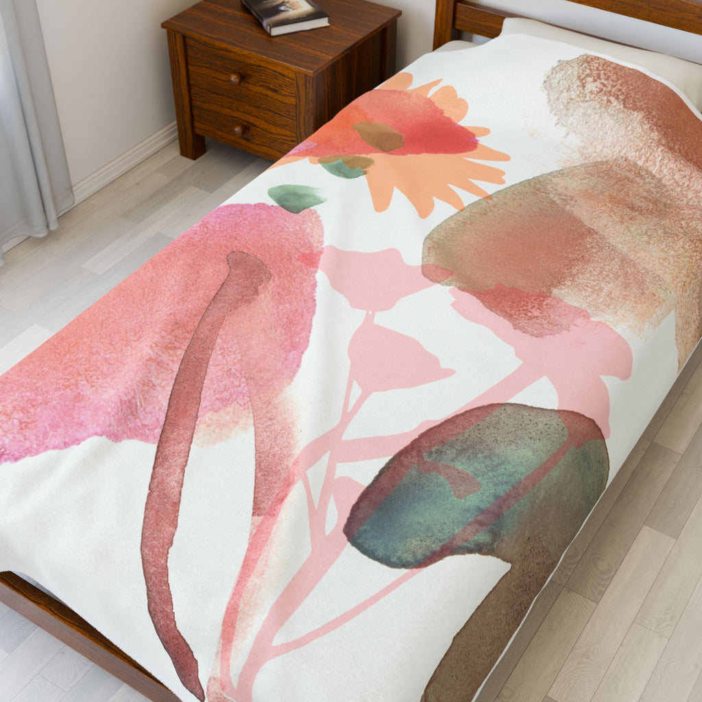 Floral Watercolor Velveteen Plush Blanket Soft Pink Botanical Throw
