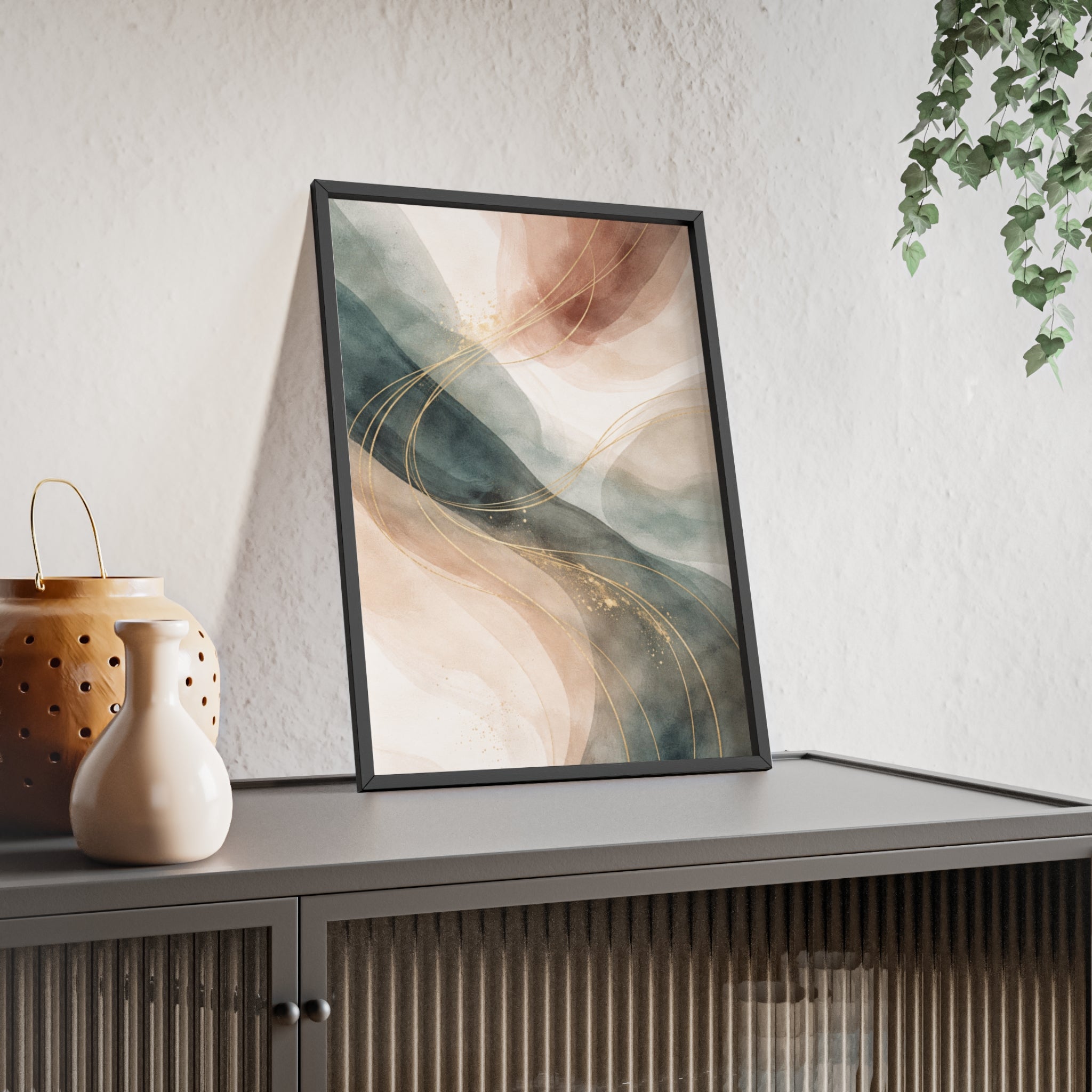 Abstract Gold Wave Poster Soft Peach & Teal Wall Art with Wooden Frame