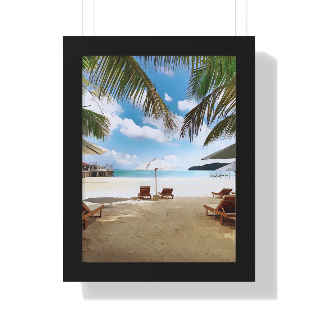 Tropical Beach Scene Palm Trees, Lounge Chairs, Ocean View Framed Vertical Poster