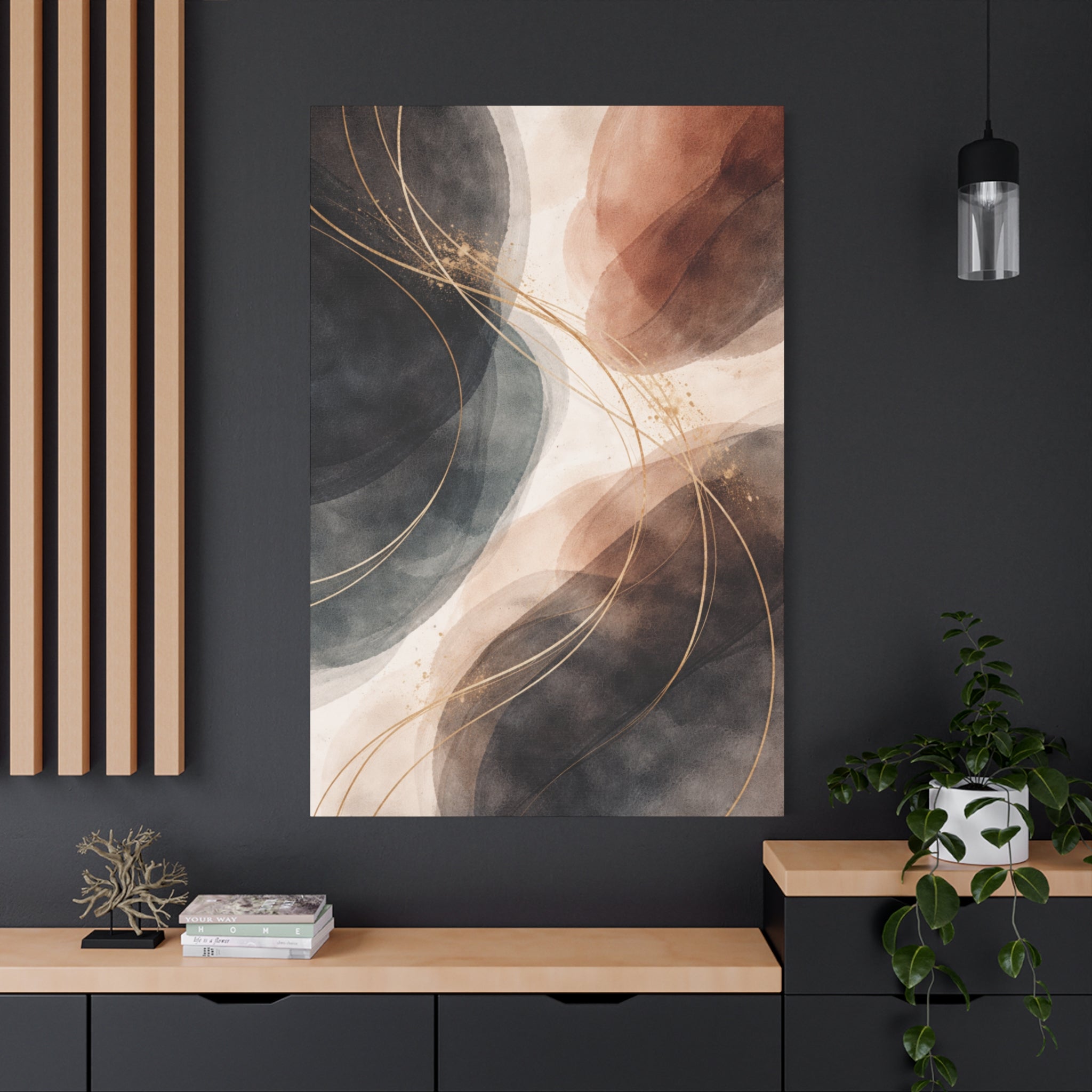 Abstract Earth Tones Matte Canvas Wall Art Modern Gold Line Accent