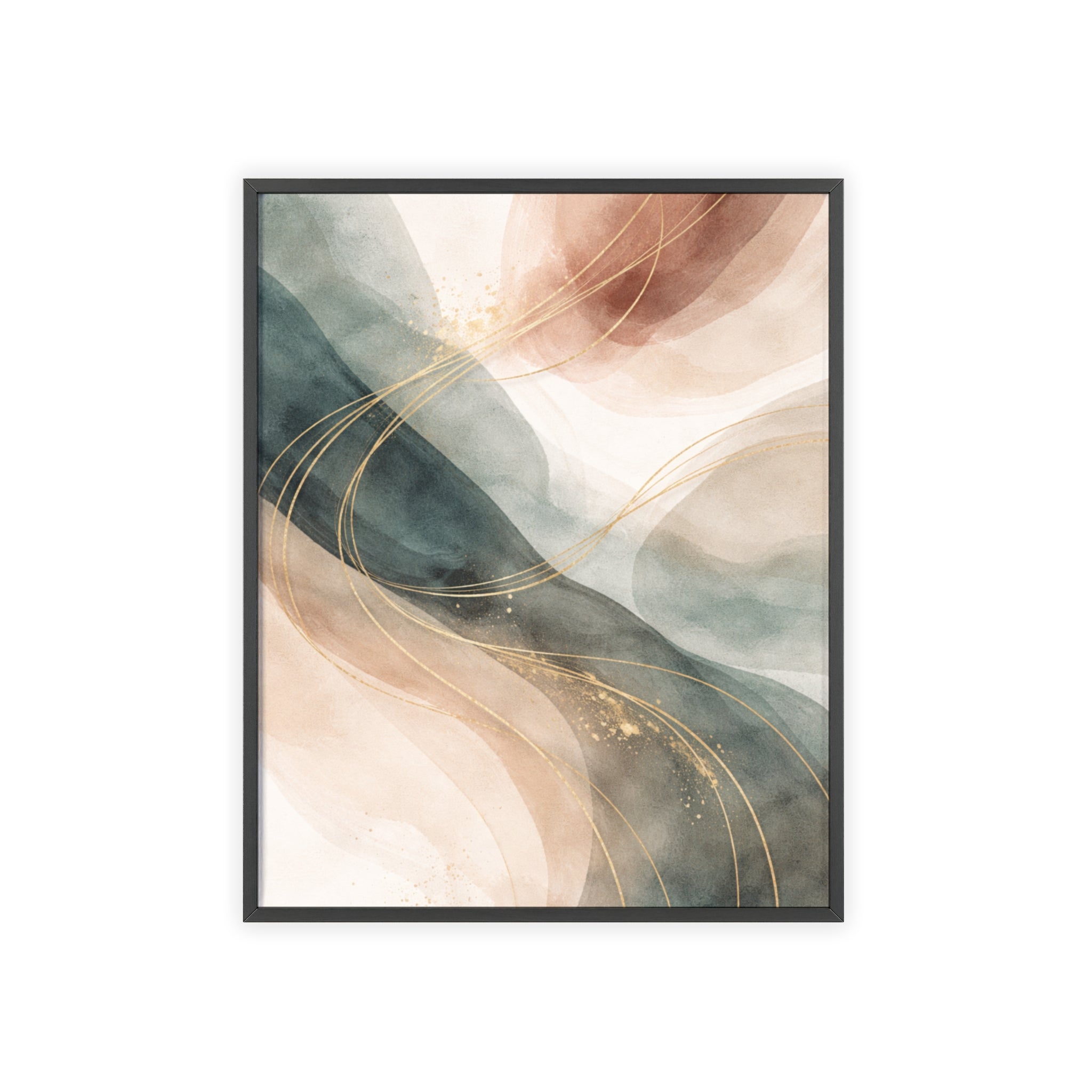 Abstract Gold Wave Poster Soft Peach & Teal Wall Art with Wooden Frame
