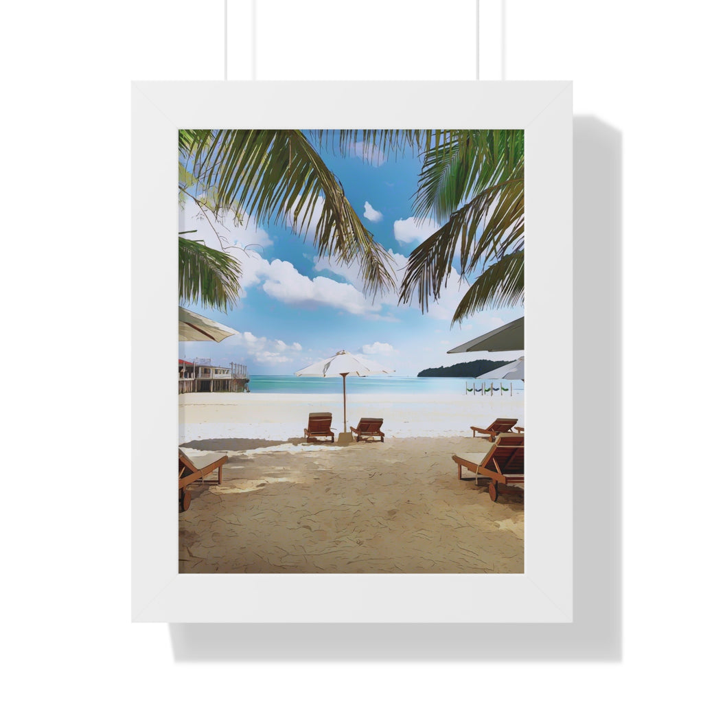 Tropical Beach Scene Palm Trees, Lounge Chairs, Ocean View Framed Vertical Poster