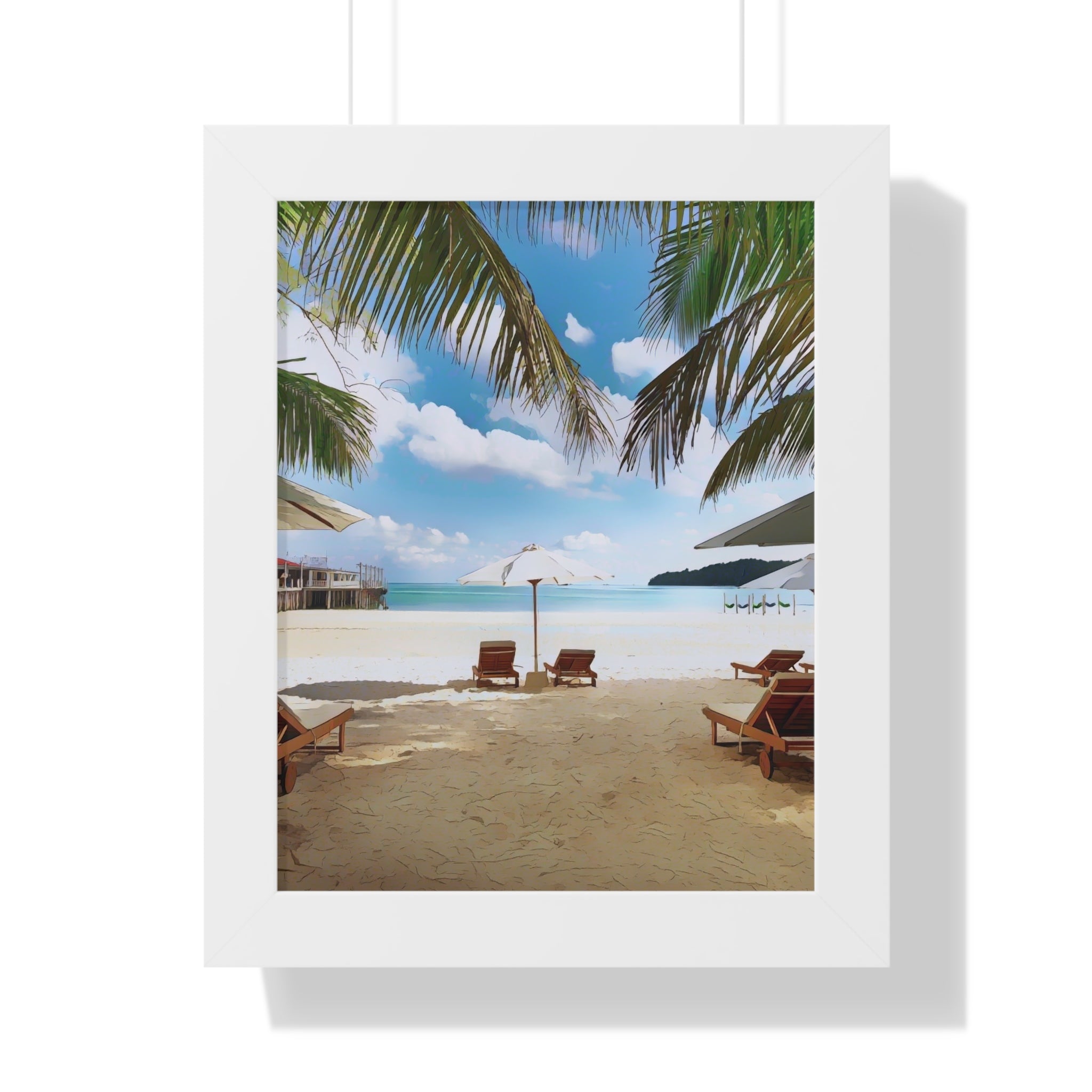 Tropical Beach Scene Palm Trees, Lounge Chairs, Ocean View Framed Vertical Poster