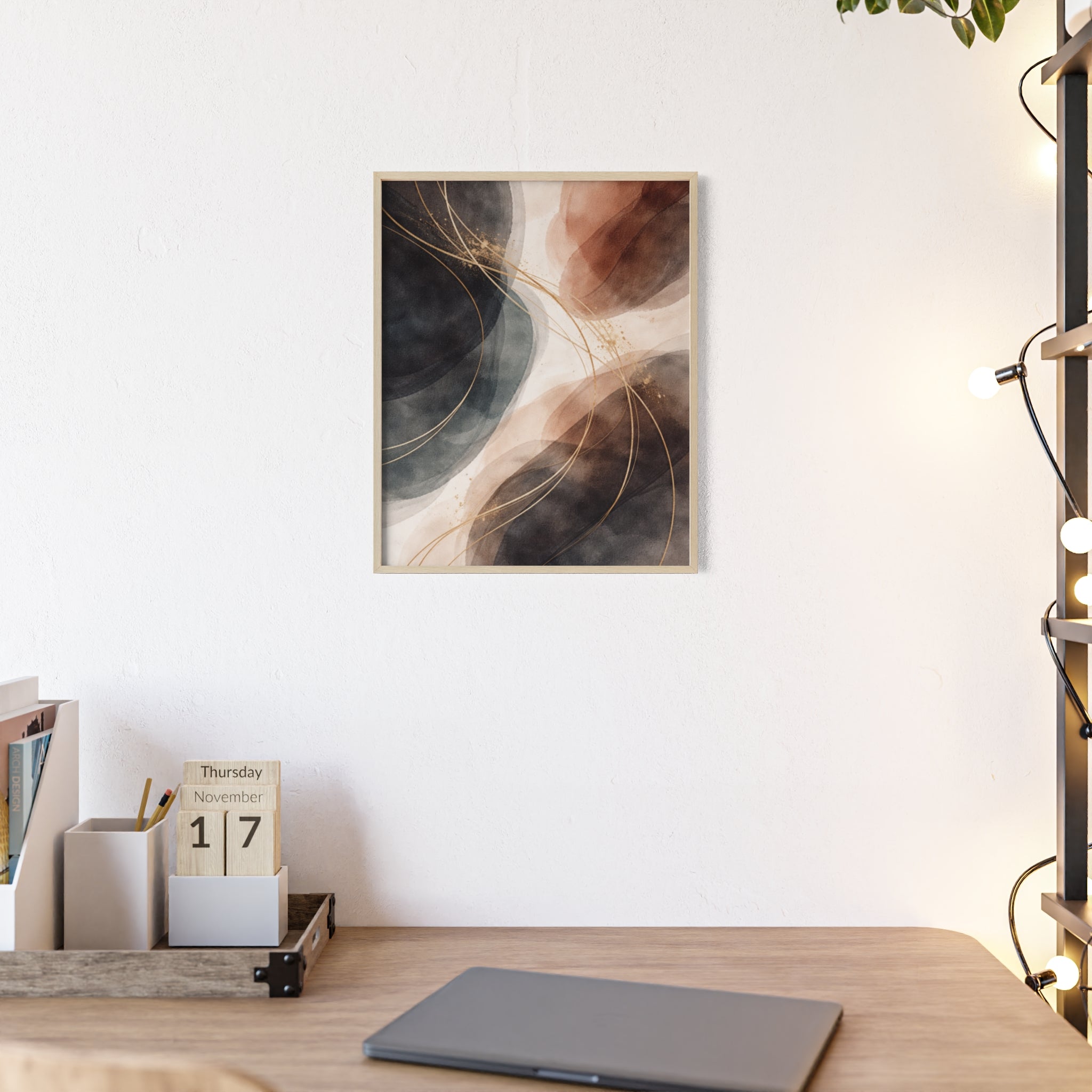 Abstract Earth Tones Poster with Wooden Frame Modern Minimal Wall Art