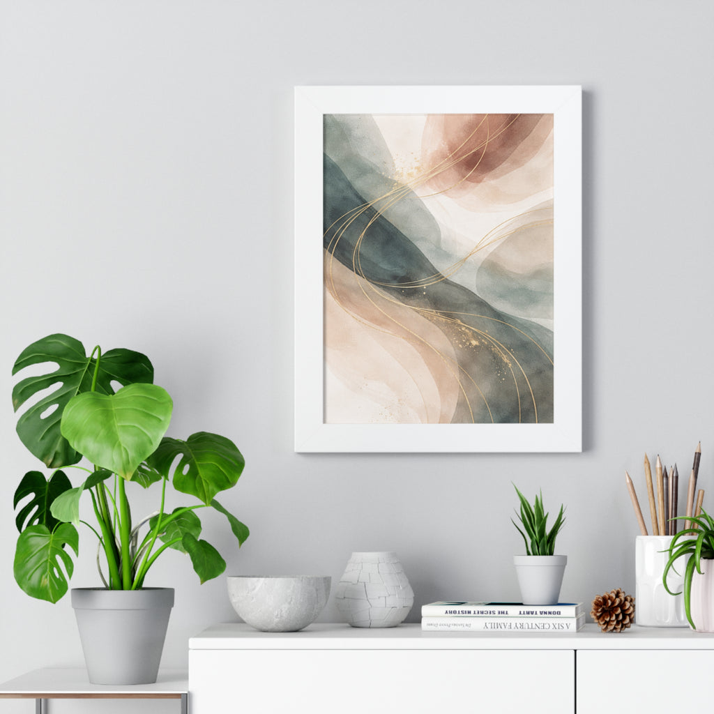 Abstract Blush & Teal Framed Poster Gold Accent Vertical Wall Art