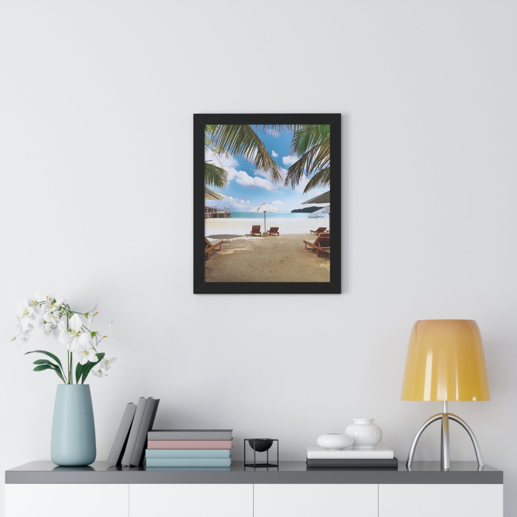 Tropical Beach Scene Palm Trees, Lounge Chairs, Ocean View Framed Vertical Poster