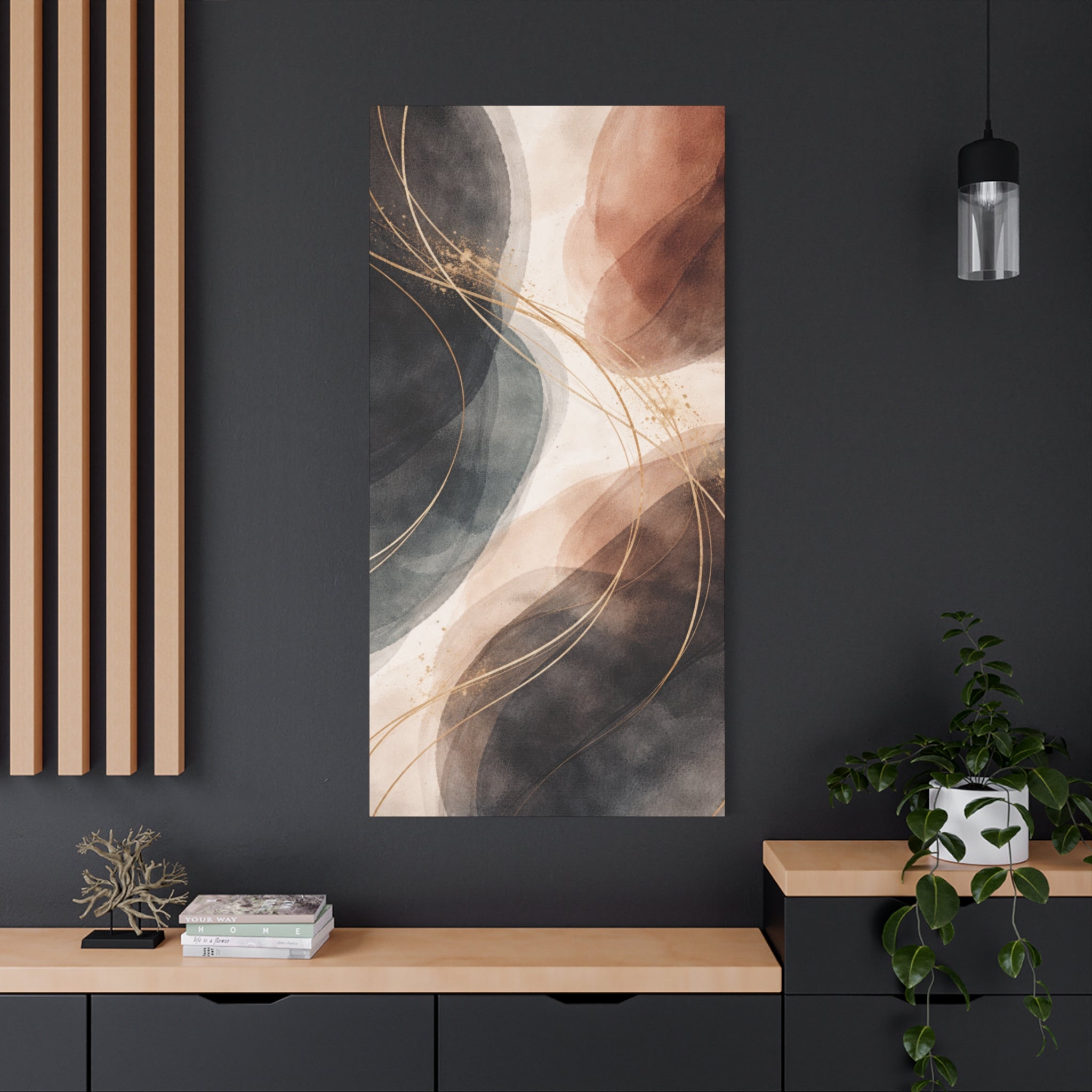 Abstract Earth Tones Matte Canvas Wall Art Modern Gold Line Accent