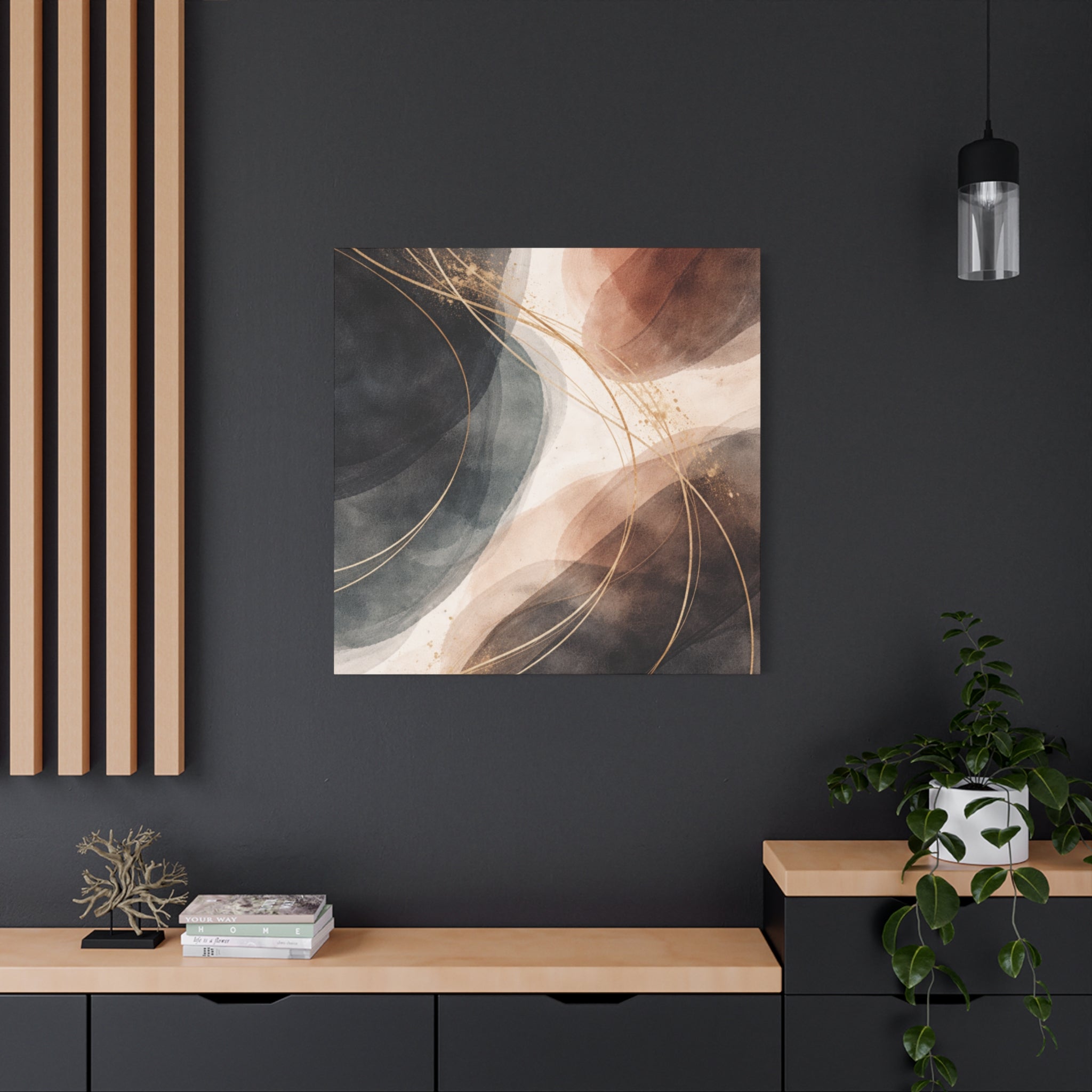 Abstract Earth Tones Matte Canvas Wall Art Modern Gold Line Accent