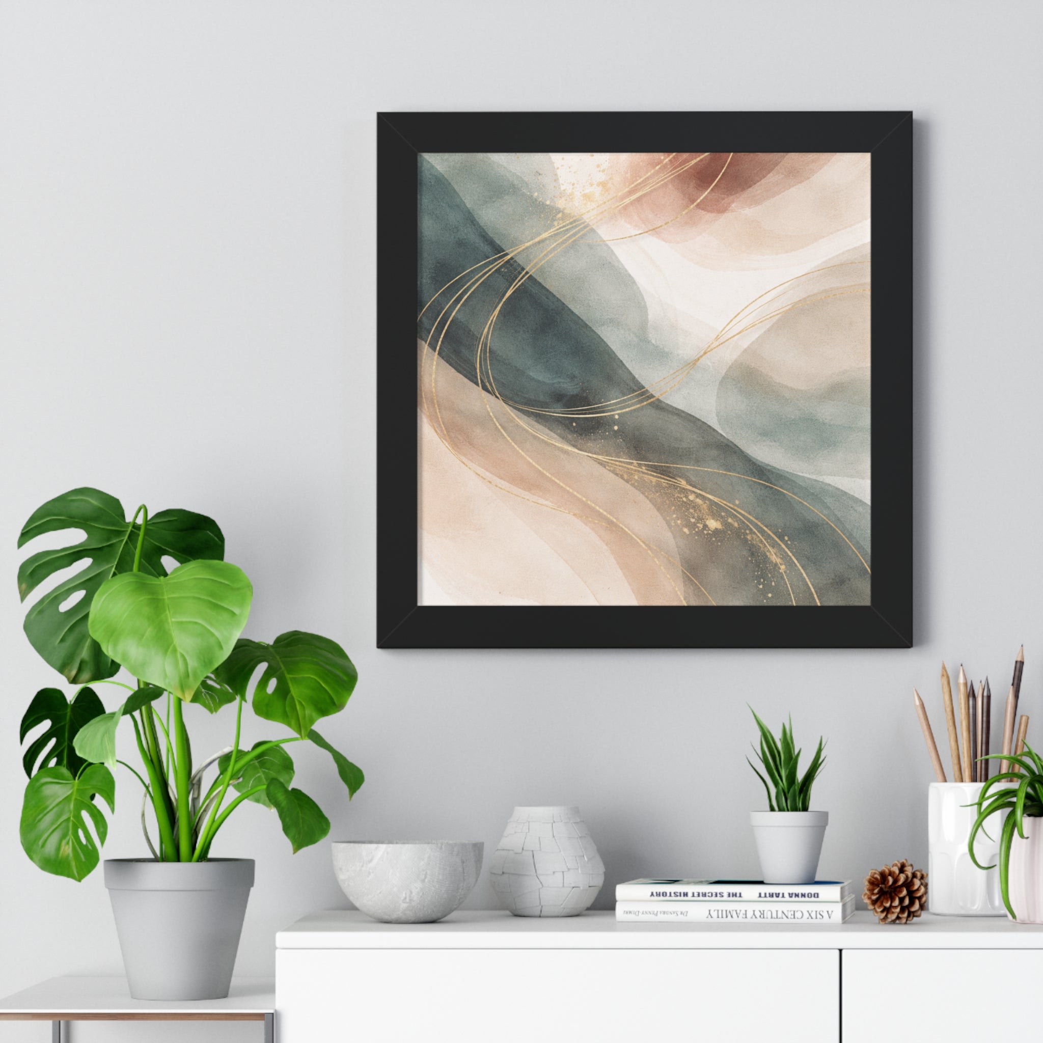 Abstract Blush & Teal Framed Poster Gold Accent Vertical Wall Art