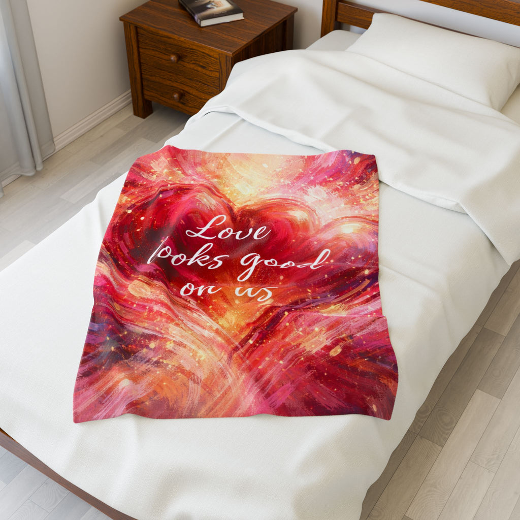 Love Looks Good On Us Heart Art Velveteen Plush Blanket Romantic Throw