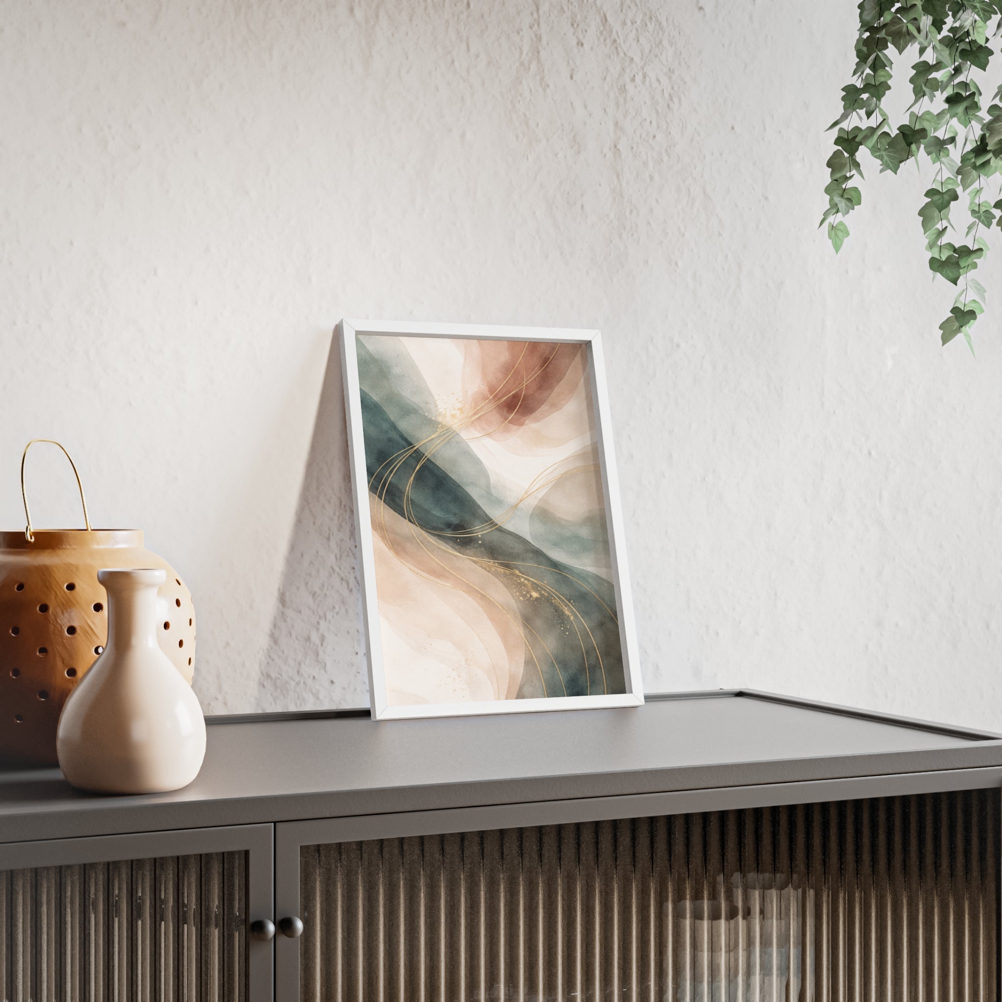 Abstract Gold Wave Poster Soft Peach & Teal Wall Art with Wooden Frame