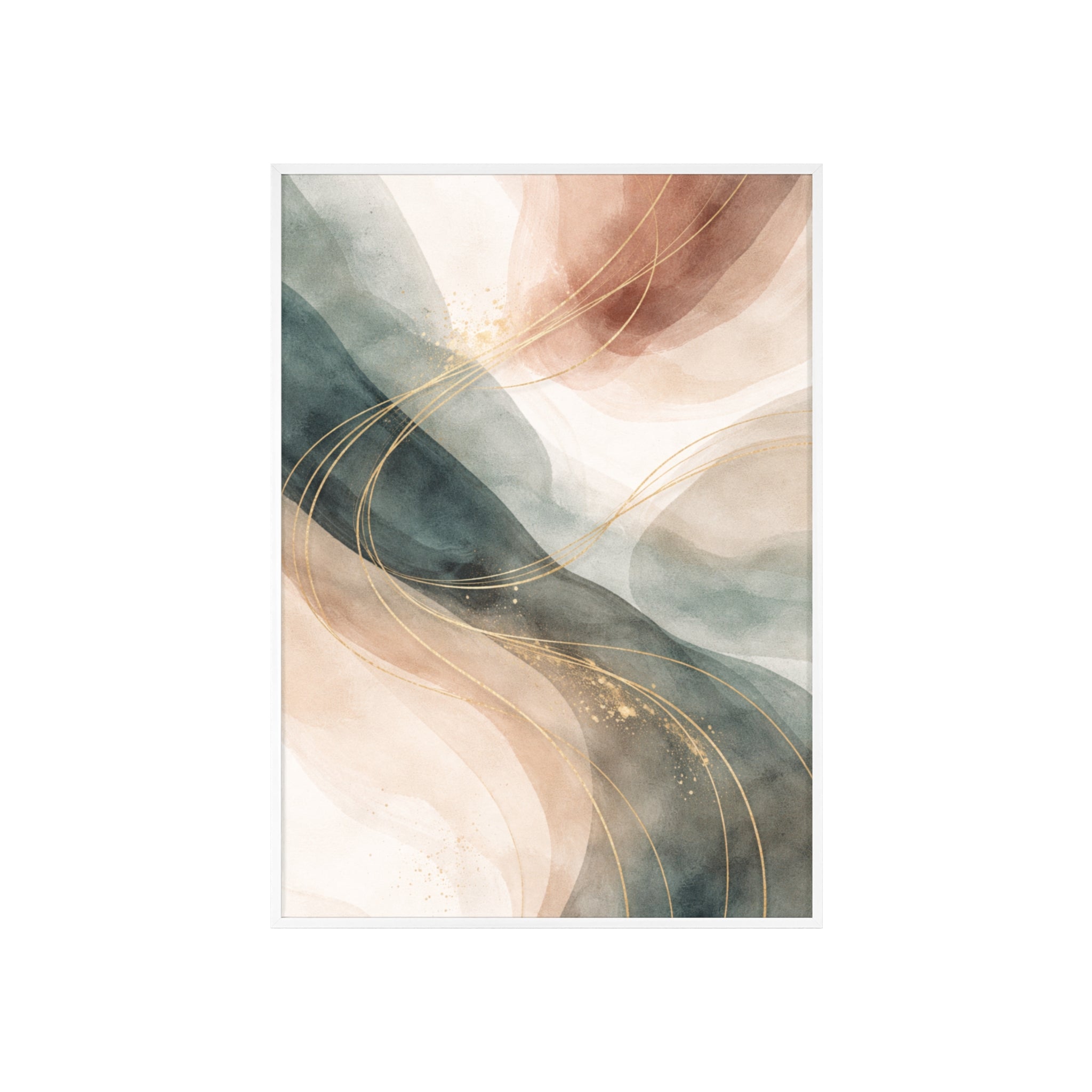 Abstract Gold Wave Poster Soft Peach & Teal Wall Art with Wooden Frame