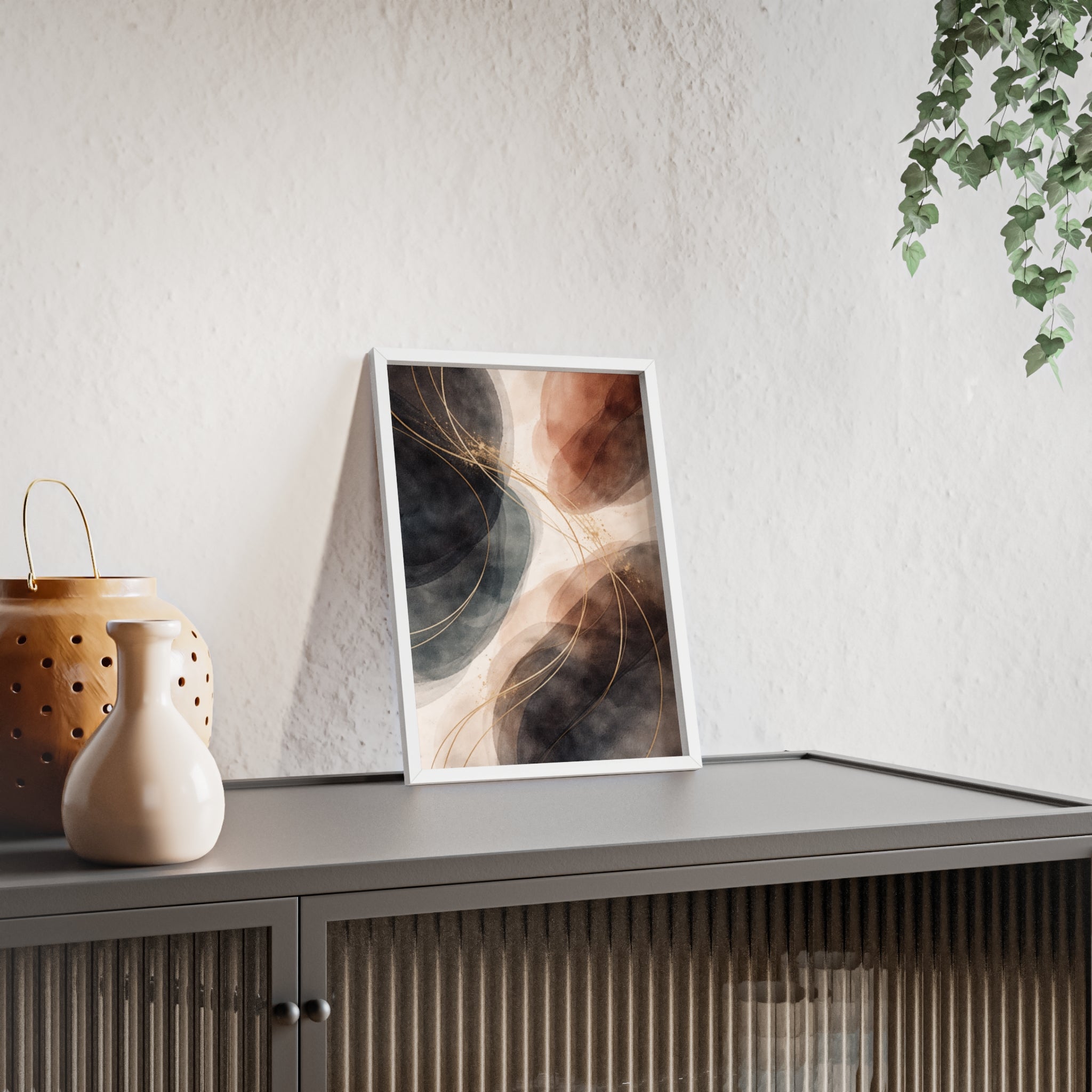 Abstract Earth Tones Poster with Wooden Frame Modern Minimal Wall Art