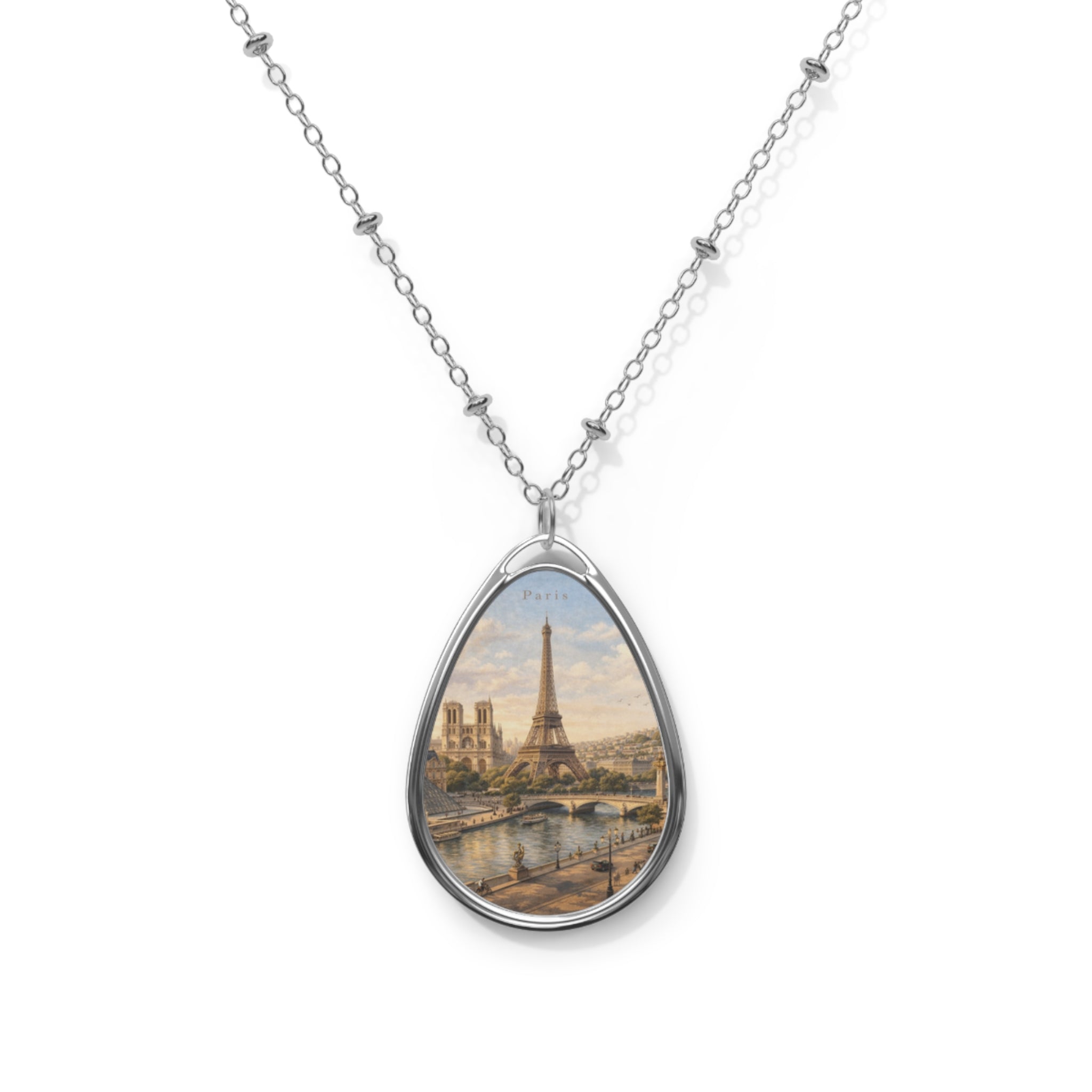 Paris Skyline Teardrop Pendant Oval Necklace