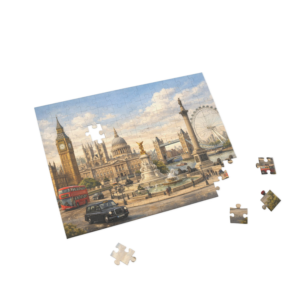 London Cityscape Vintage Big Ben London Eye Red Bus Jigsaw Puzzle