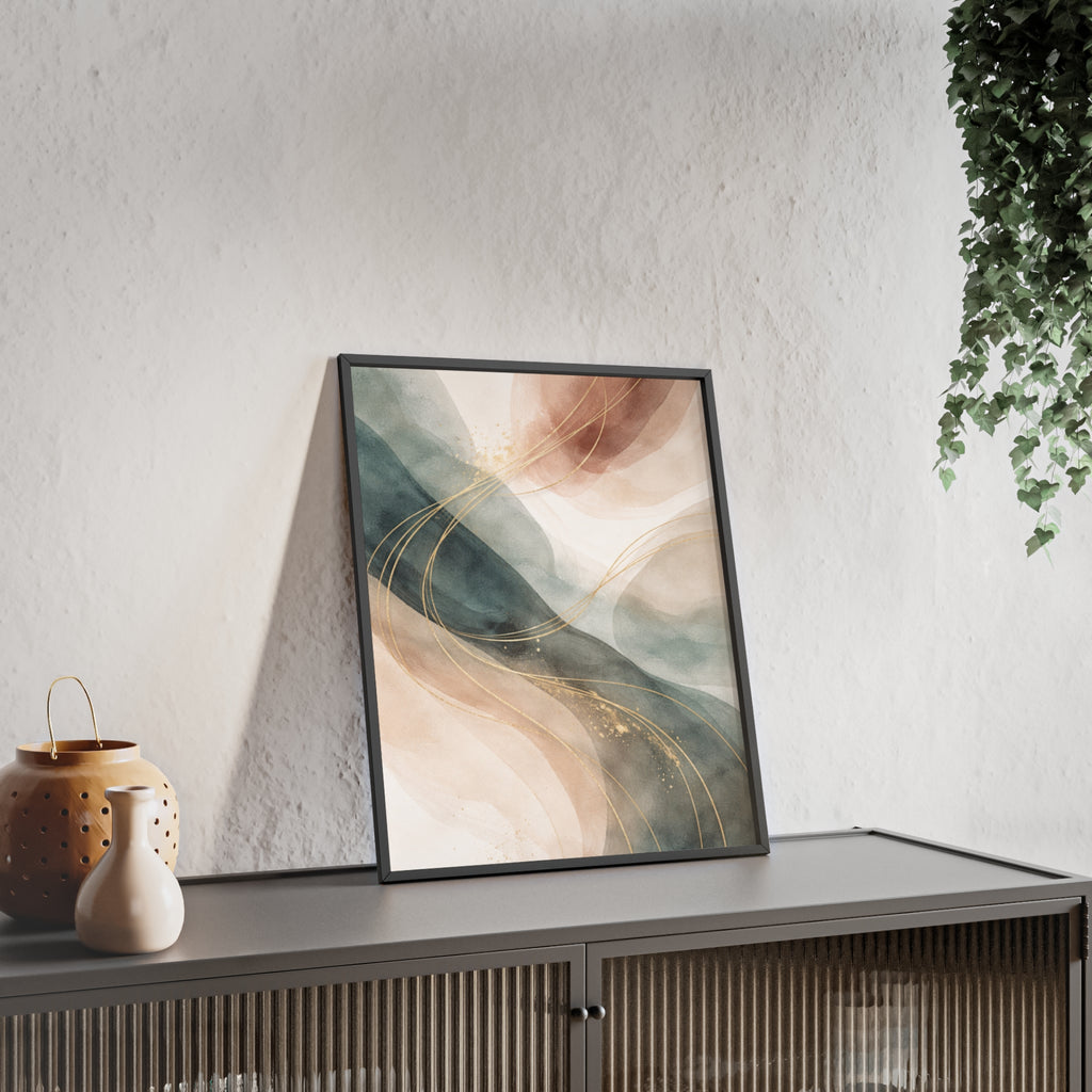 Abstract Gold Wave Poster Soft Peach & Teal Wall Art with Wooden Frame