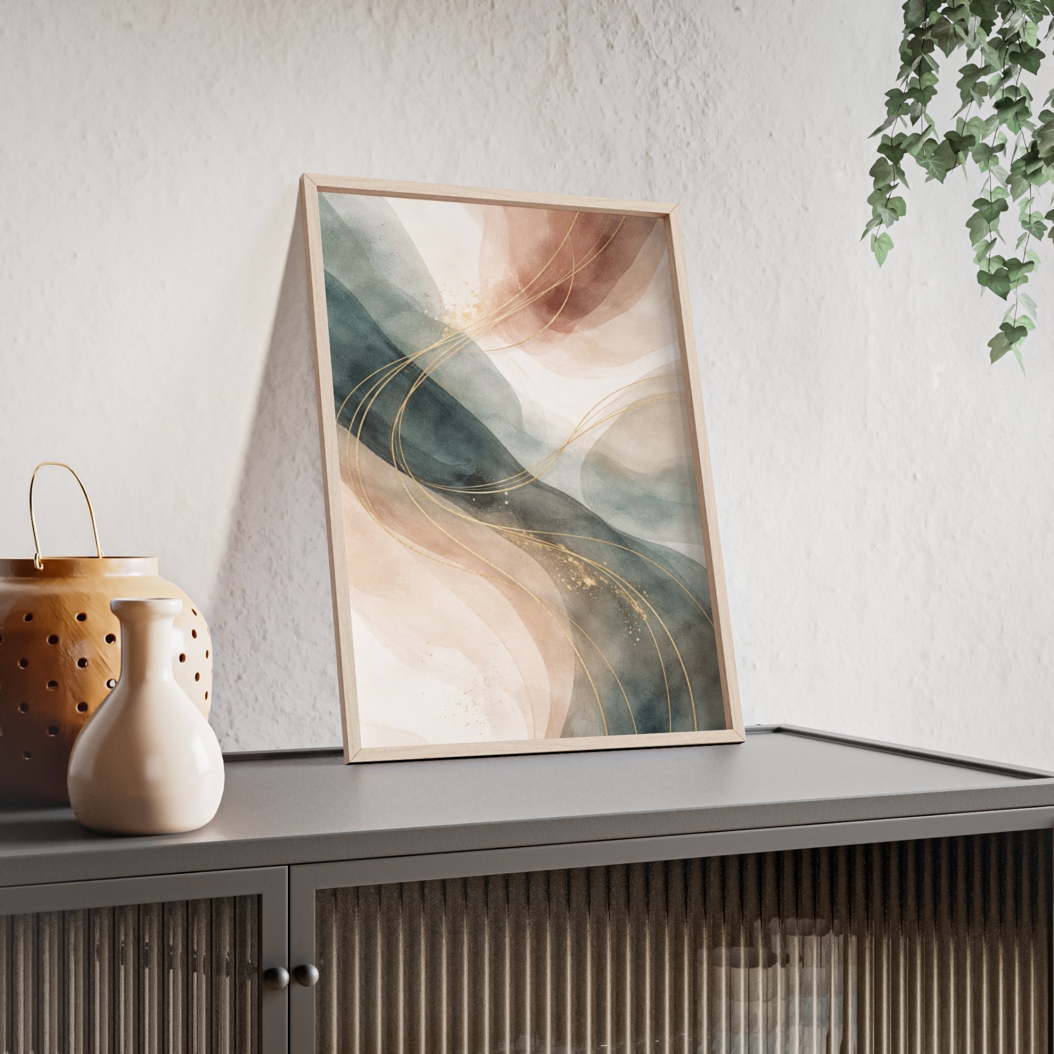 Abstract Gold Wave Poster Soft Peach & Teal Wall Art with Wooden Frame