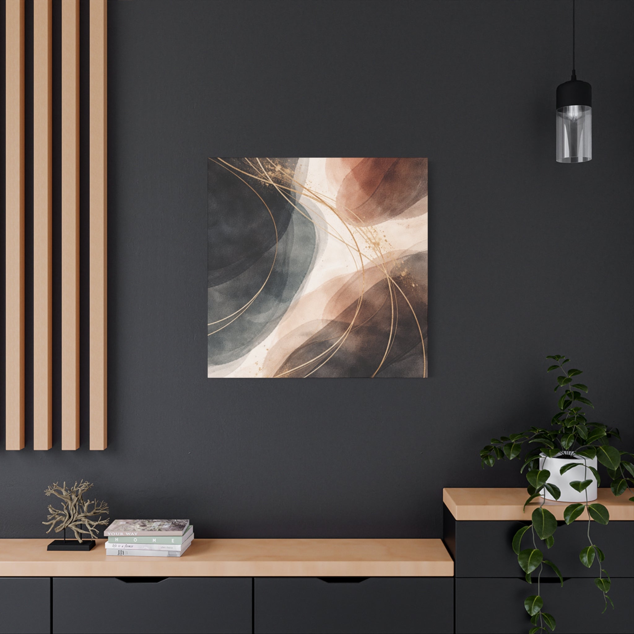 Abstract Earth Tones Matte Canvas Wall Art Modern Gold Line Accent