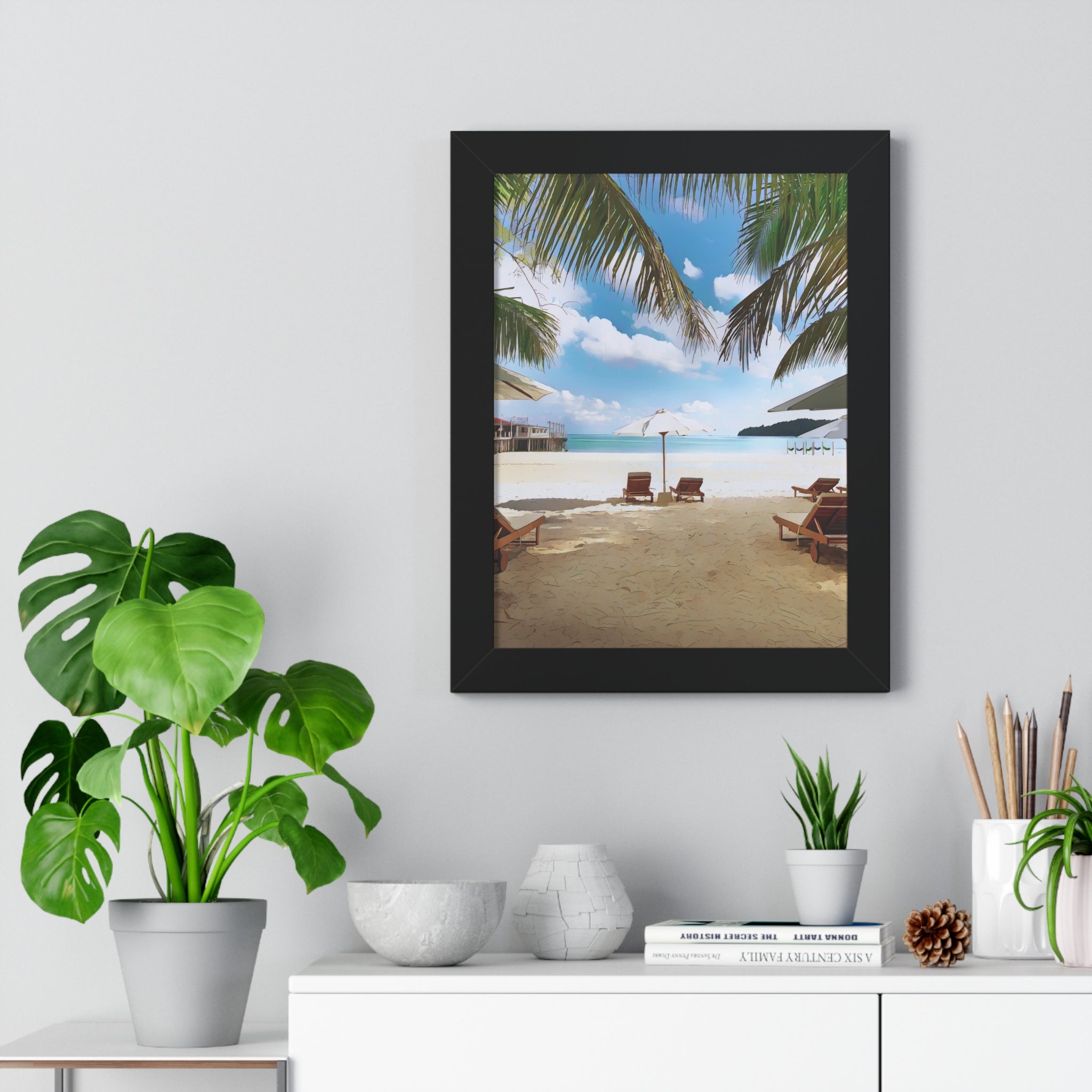 Tropical Beach Scene Palm Trees, Lounge Chairs, Ocean View Framed Vertical Poster