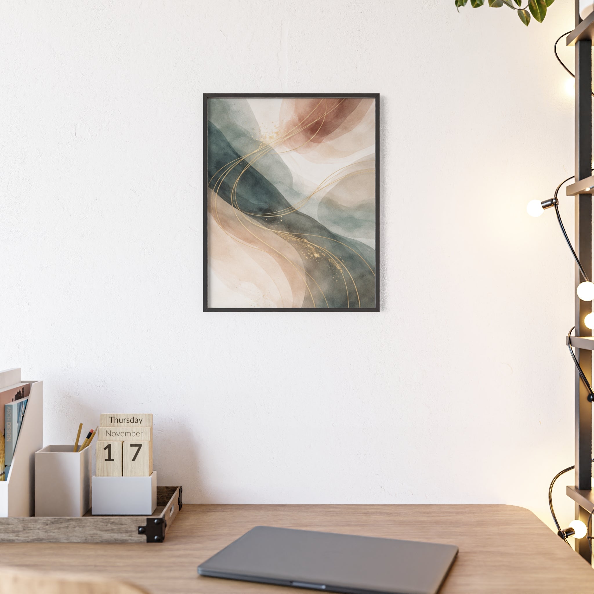 Abstract Gold Wave Poster Soft Peach & Teal Wall Art with Wooden Frame