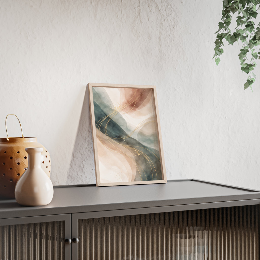 Abstract Gold Wave Poster Soft Peach & Teal Wall Art with Wooden Frame