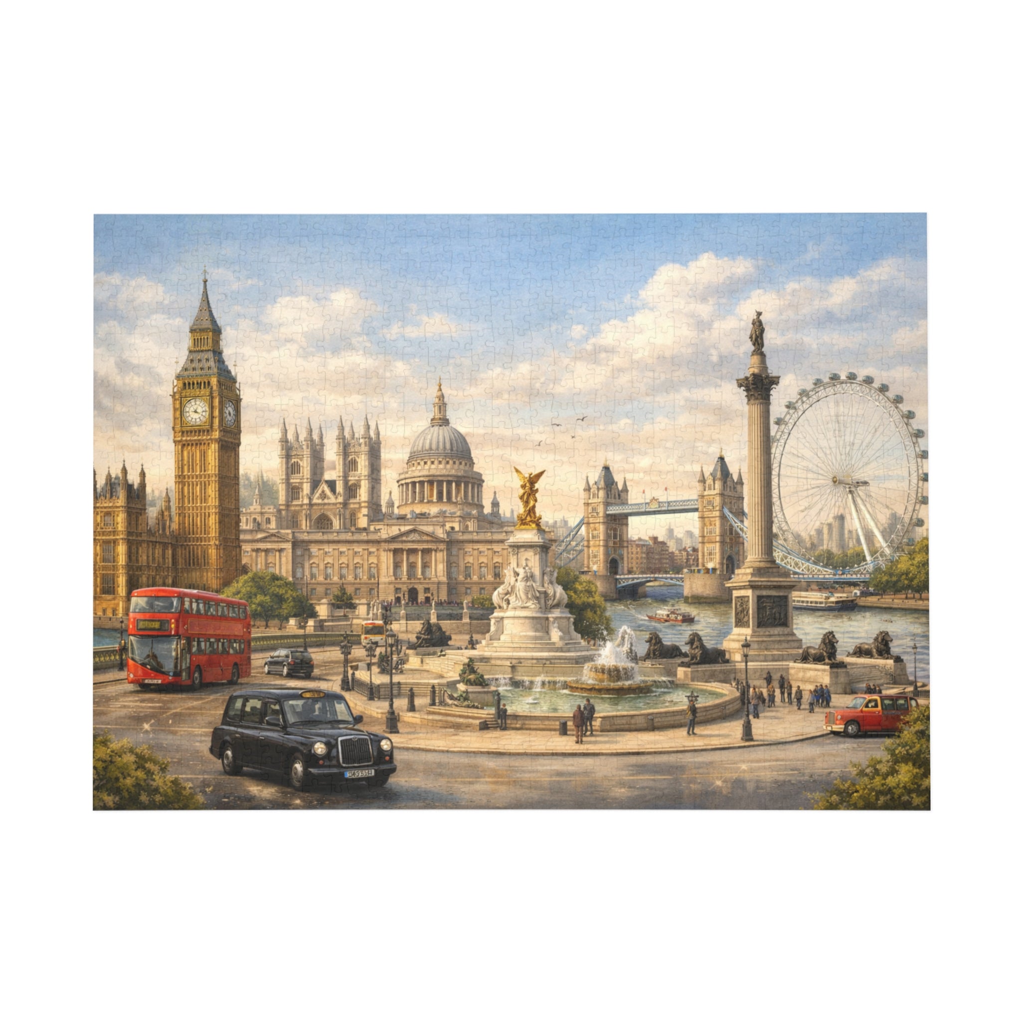 London Cityscape Vintage Big Ben London Eye Red Bus Jigsaw Puzzle
