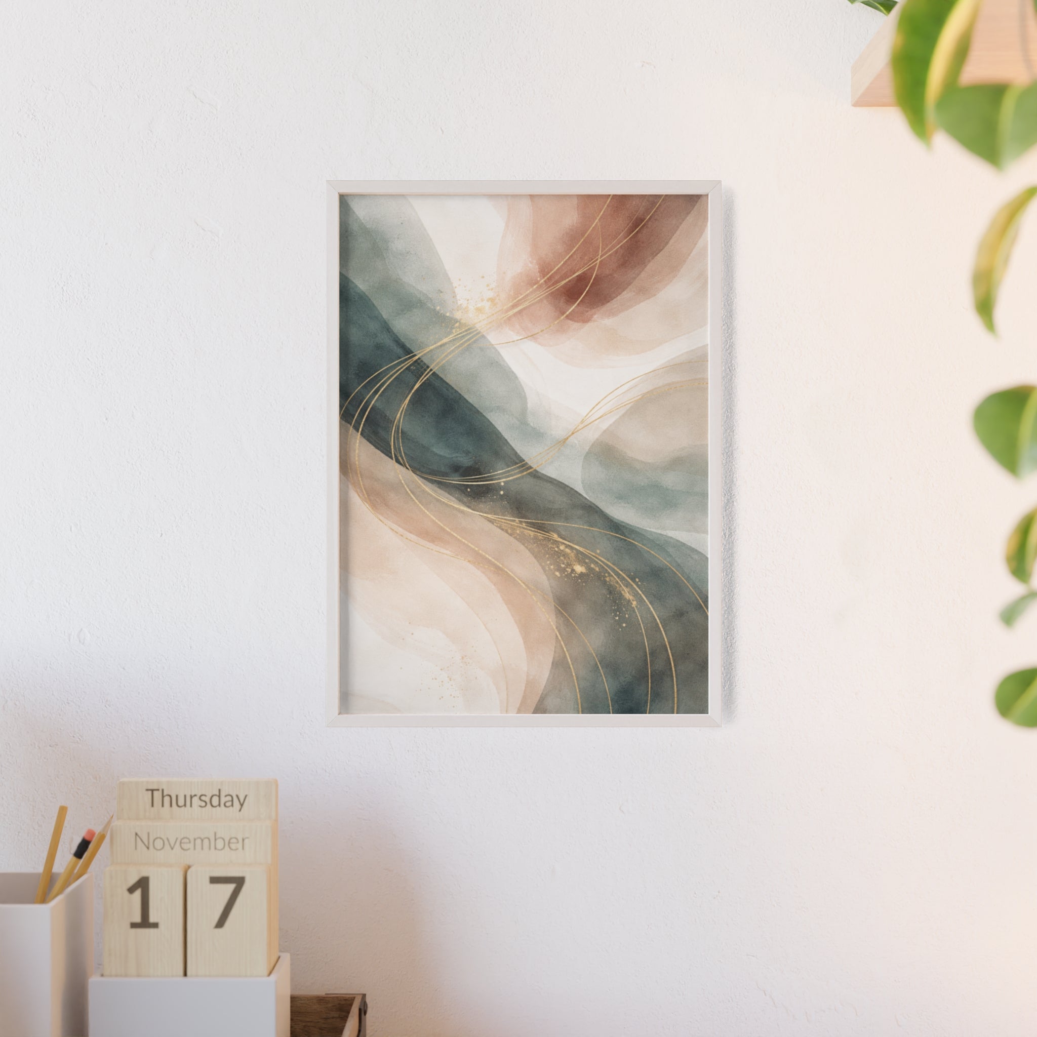 Abstract Gold Wave Poster Soft Peach & Teal Wall Art with Wooden Frame