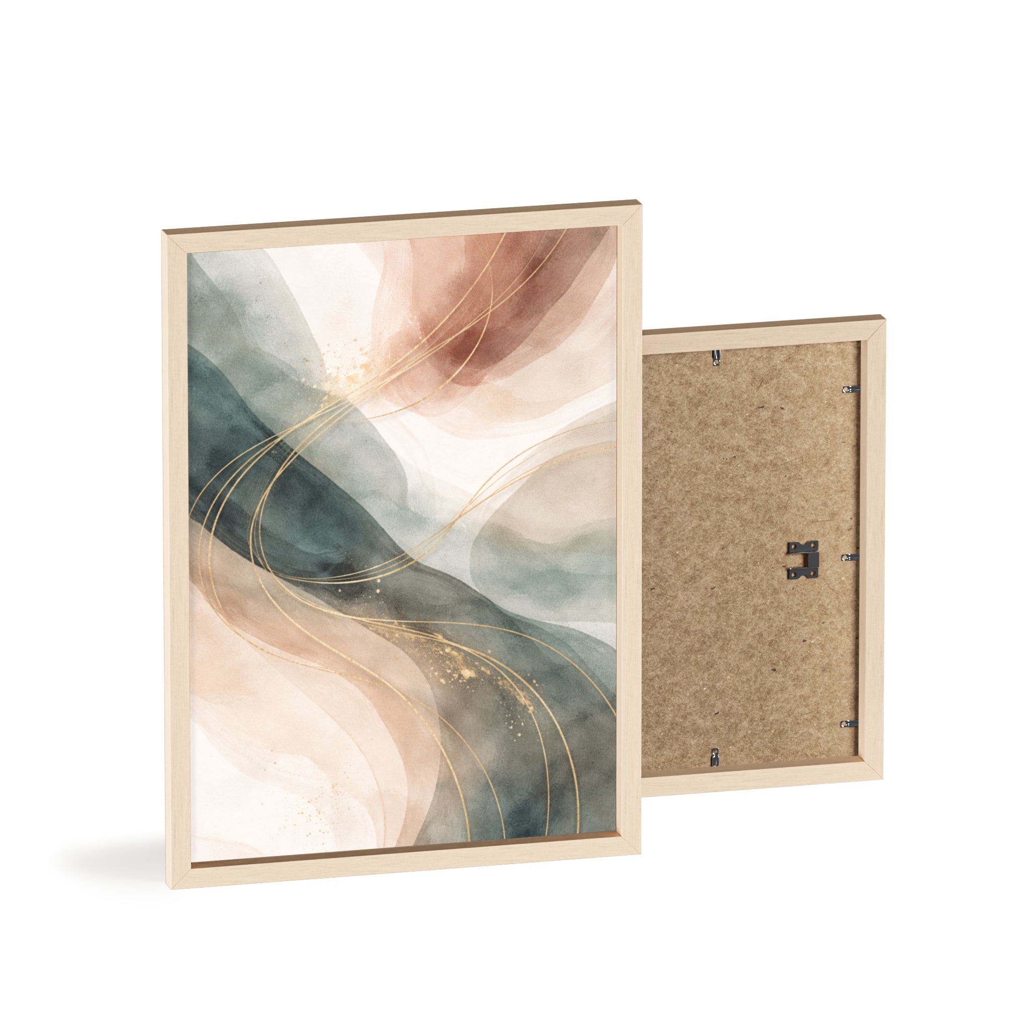 Abstract Gold Wave Poster Soft Peach & Teal Wall Art with Wooden Frame