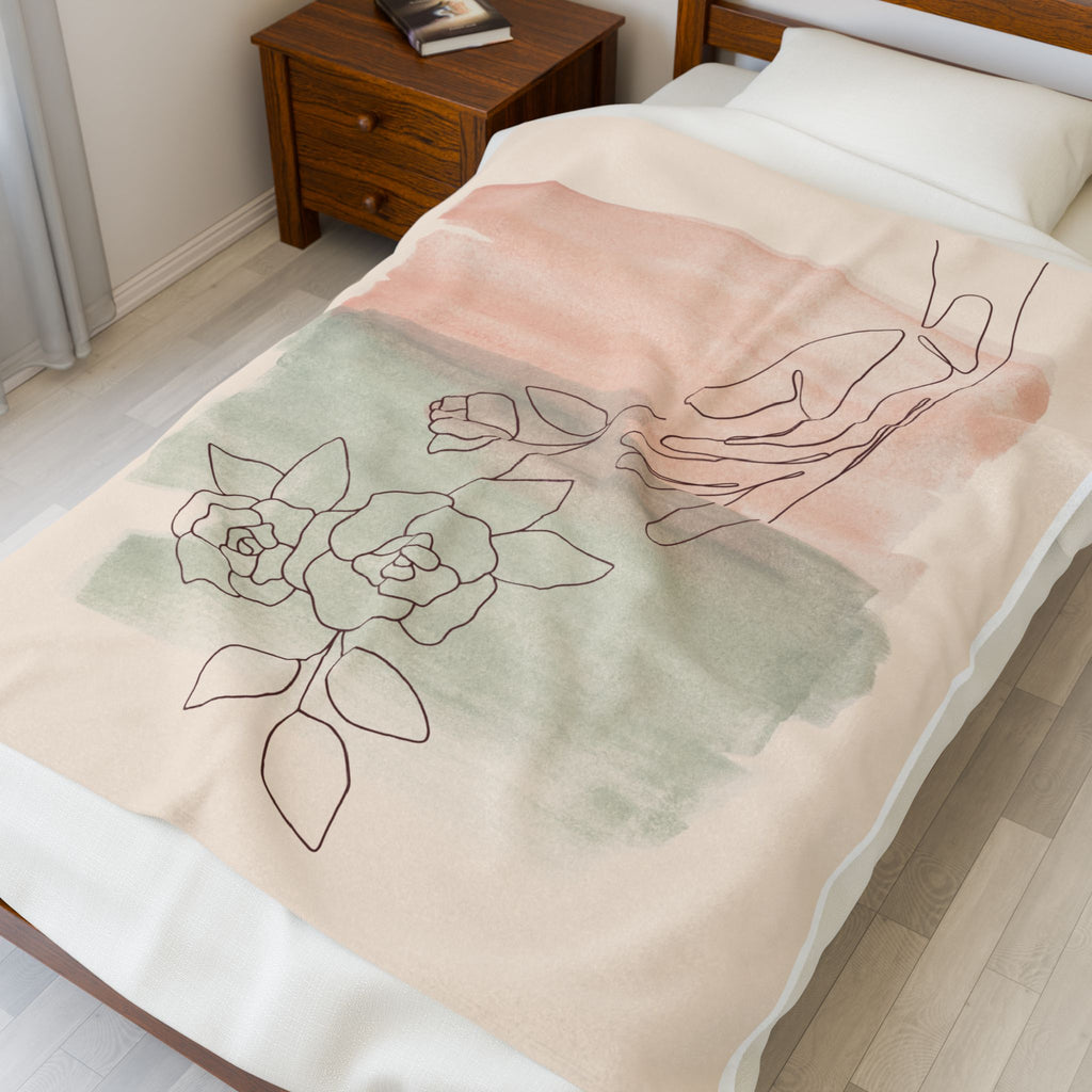 Hand Reaching Line Art Soft Velveteen Throw Blanket