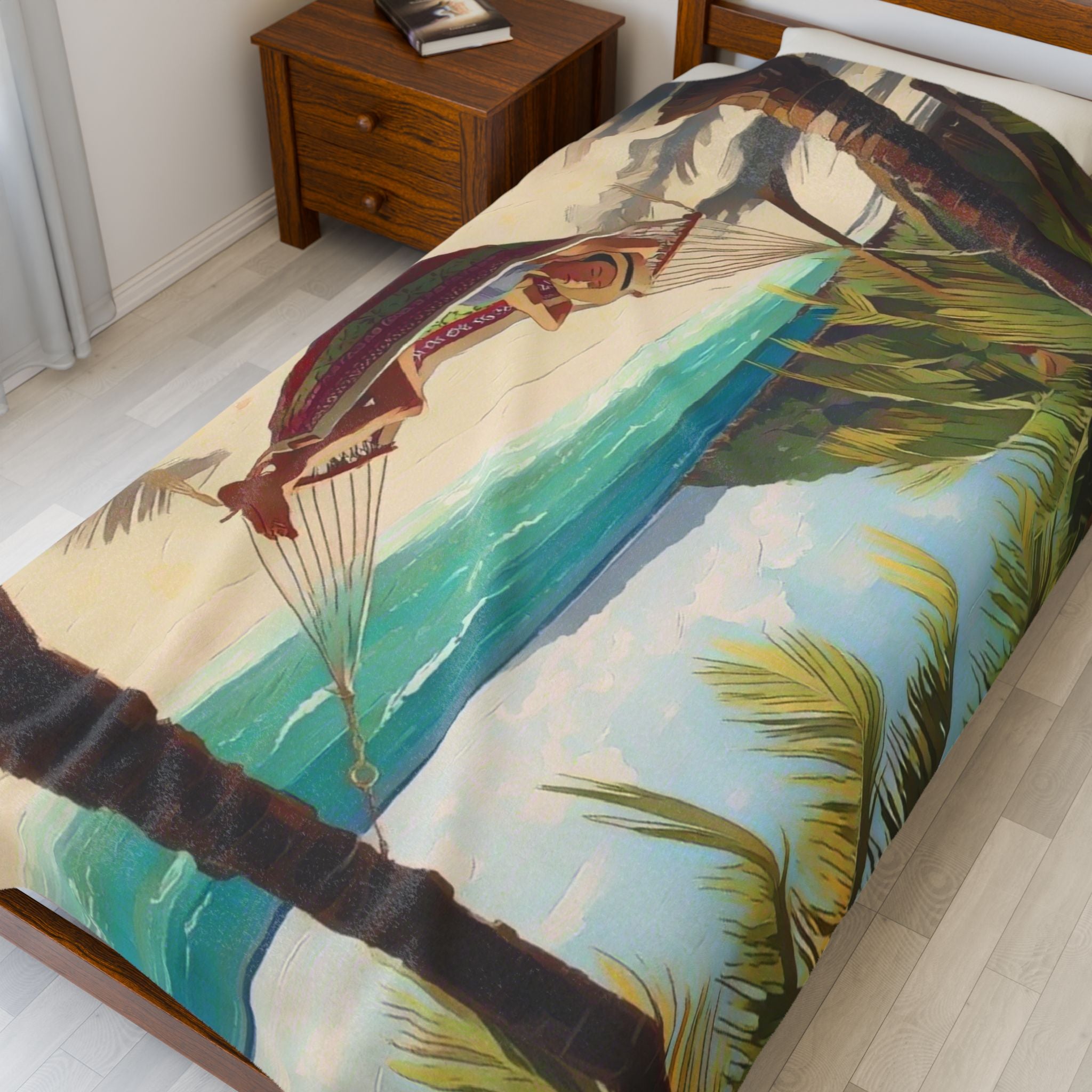 Girl in Hammock on Beach Between Palm Trees Velveteen Plush Blanket