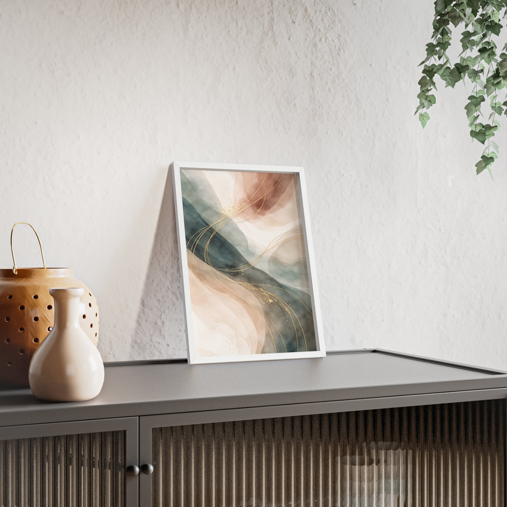 Abstract Gold Wave Poster Soft Peach & Teal Wall Art with Wooden Frame