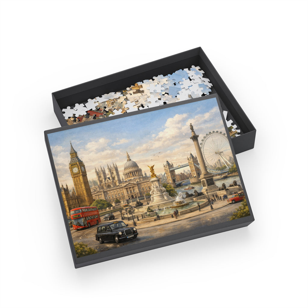 London Cityscape Vintage Big Ben London Eye Red Bus Jigsaw Puzzle