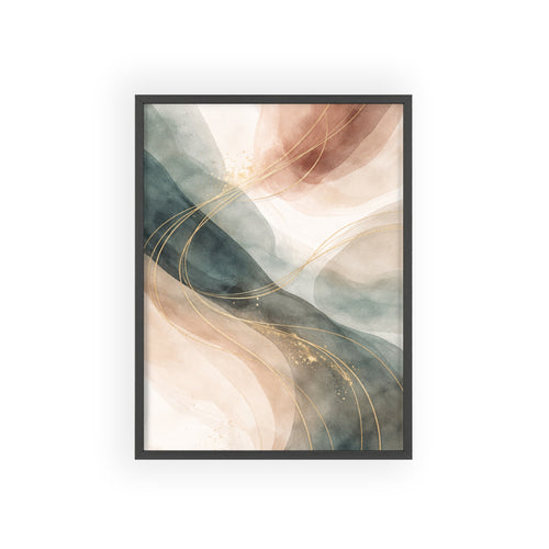 Abstract Gold Wave Poster Soft Peach & Teal Wall Art with Wooden Frame