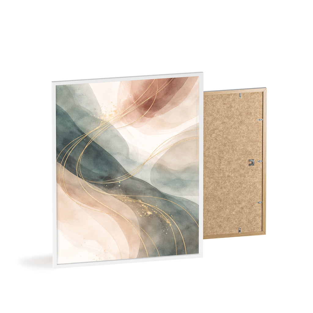 Abstract Gold Wave Poster Soft Peach & Teal Wall Art with Wooden Frame